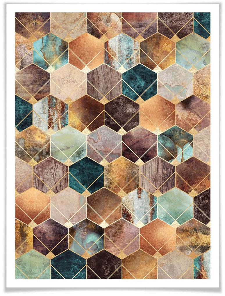 Wall-Art Poster »Hexagone Gold Kupfer«, Schriftzug, (1 St.), Poster ohne Bi günstig online kaufen