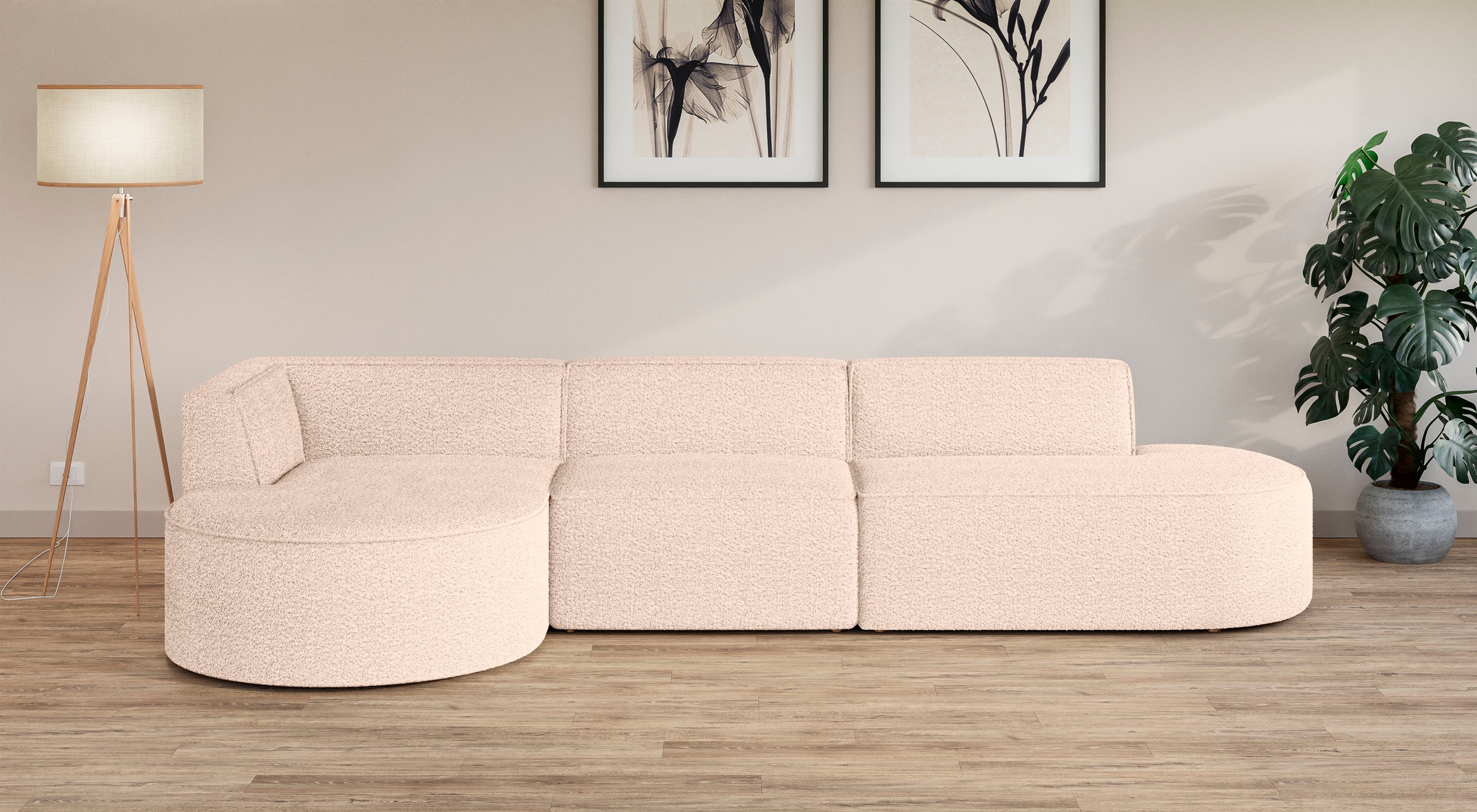 andas Ecksofa »EIVIND Designer Sofa mit Ottomane rechts/links, B/T/H: 343/159/72 cm«, L-Form mit Wellenunterfederung, auch in Feincord und Bouclé