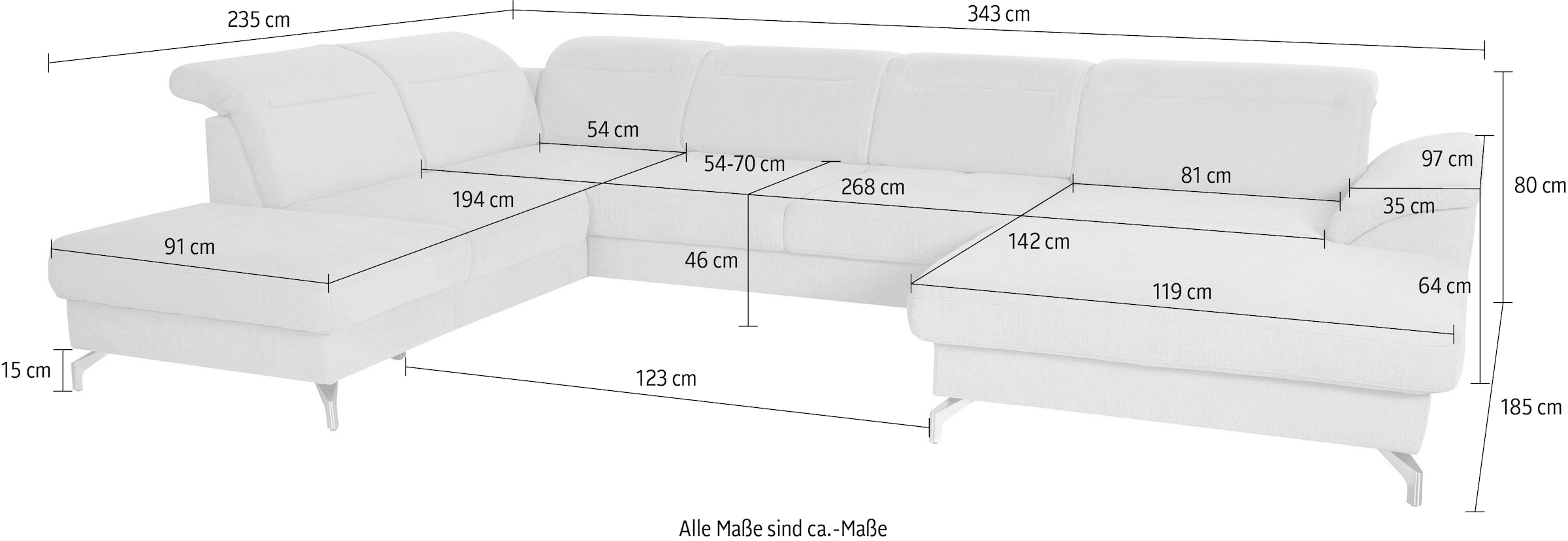 sit&more Wohnlandschaft »Percy U-Form«, 15 cm Fußhöhe, Sitztiefenverstellung, wahlweise in 2 Fußfarben
