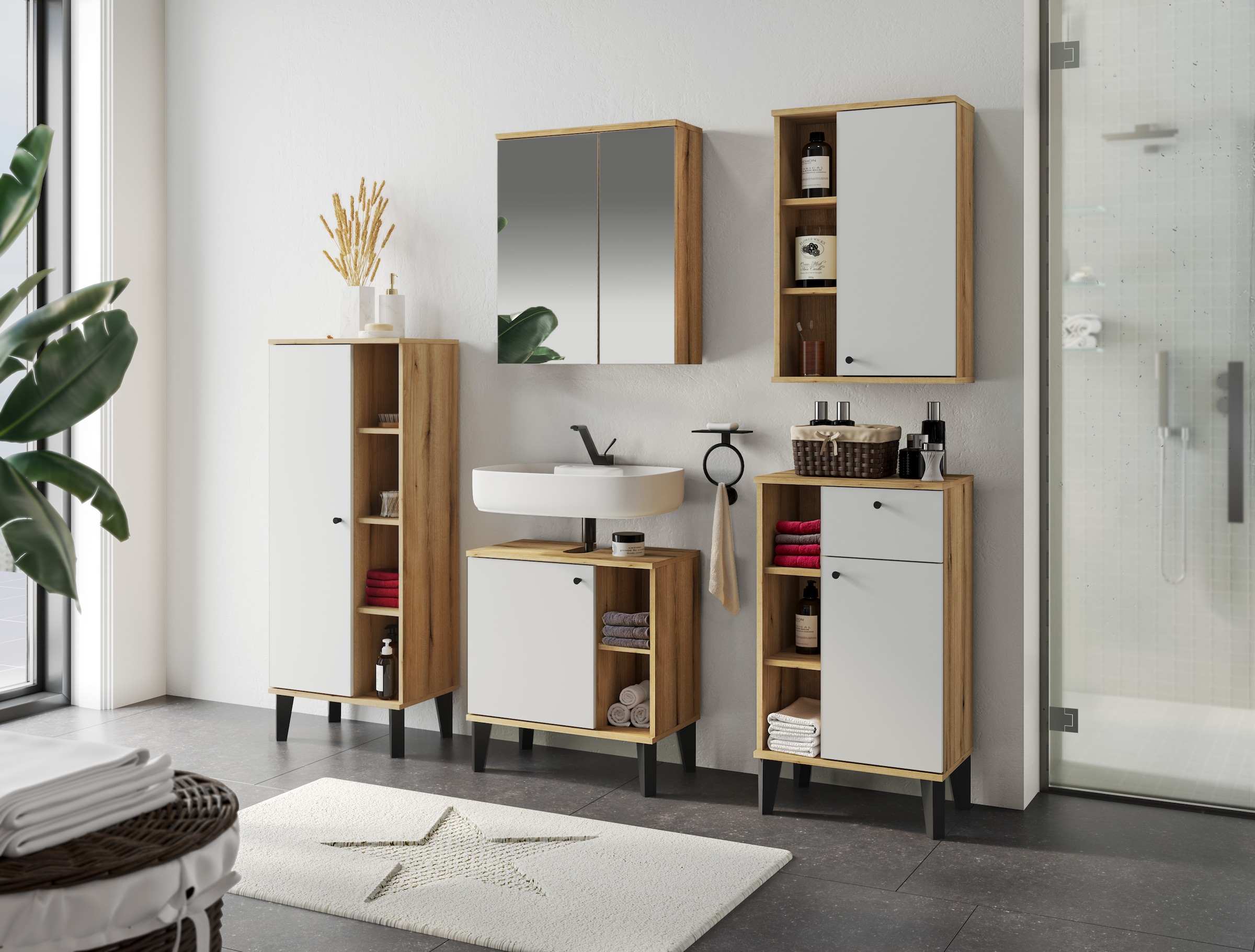 INOSIGN Stauraumschrank »Oslo, Badschrank mit Knopfgriff, Hochschrank im skandinavischen Design«, in der Türfarbe Weiß oder Grau verfügbar, ausreichend Stauraum
