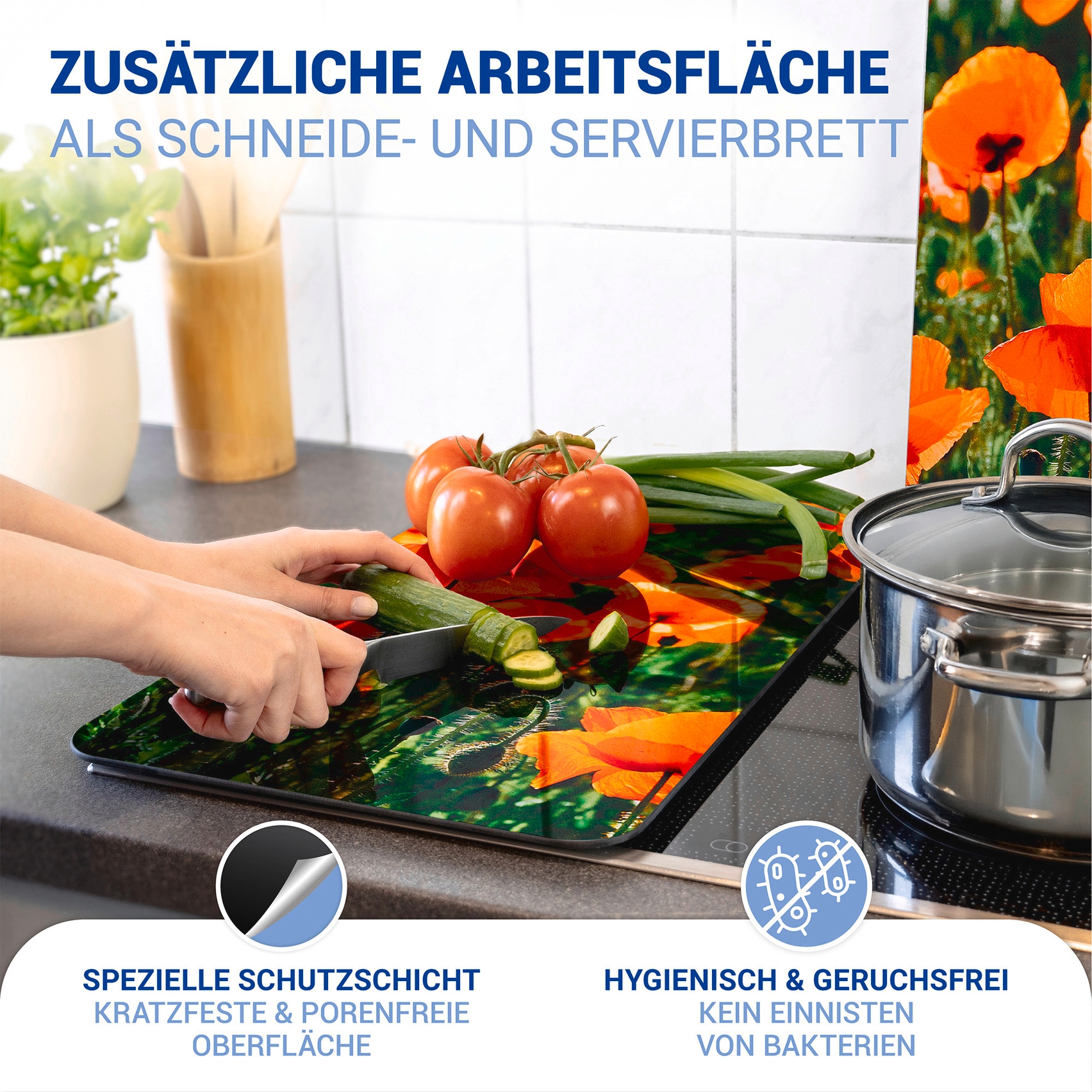 WENKO Herd-Abdeckplatte »Universal Modell Mohnfeld«, (Set, 2 tlg.), Herdabdeckung für alle Herdarten, kratzfest, mit rutschfesten Füßen