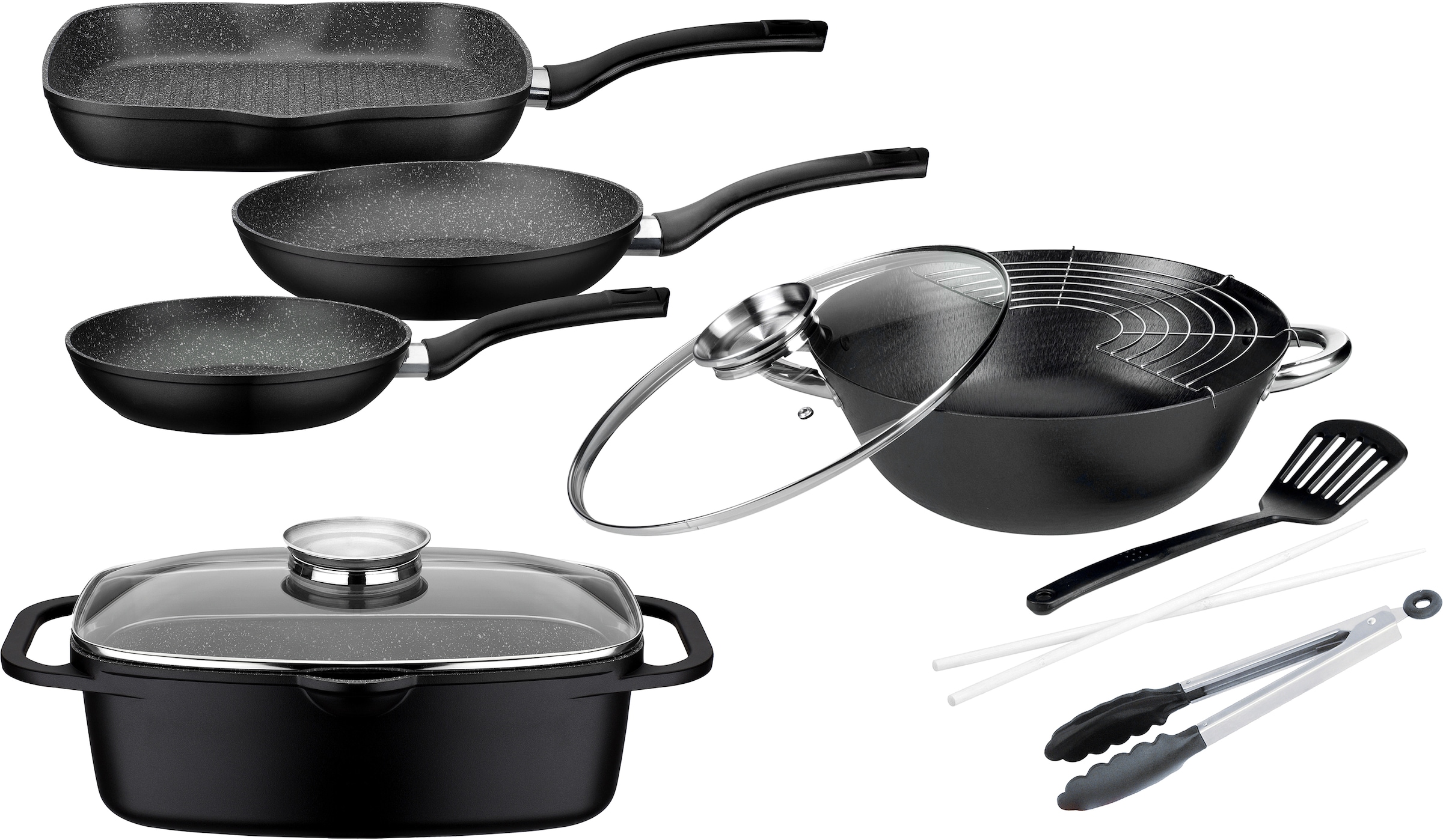 GSW Topf-Set »Gourmet Granit«, Aluminiumguss, Raten Pfannen, (Set, Bräter, Induktion Pfannenwender), 7 1 Kochzange, tlg., 1 1 1 kaufen auf (3 Multi-Wok