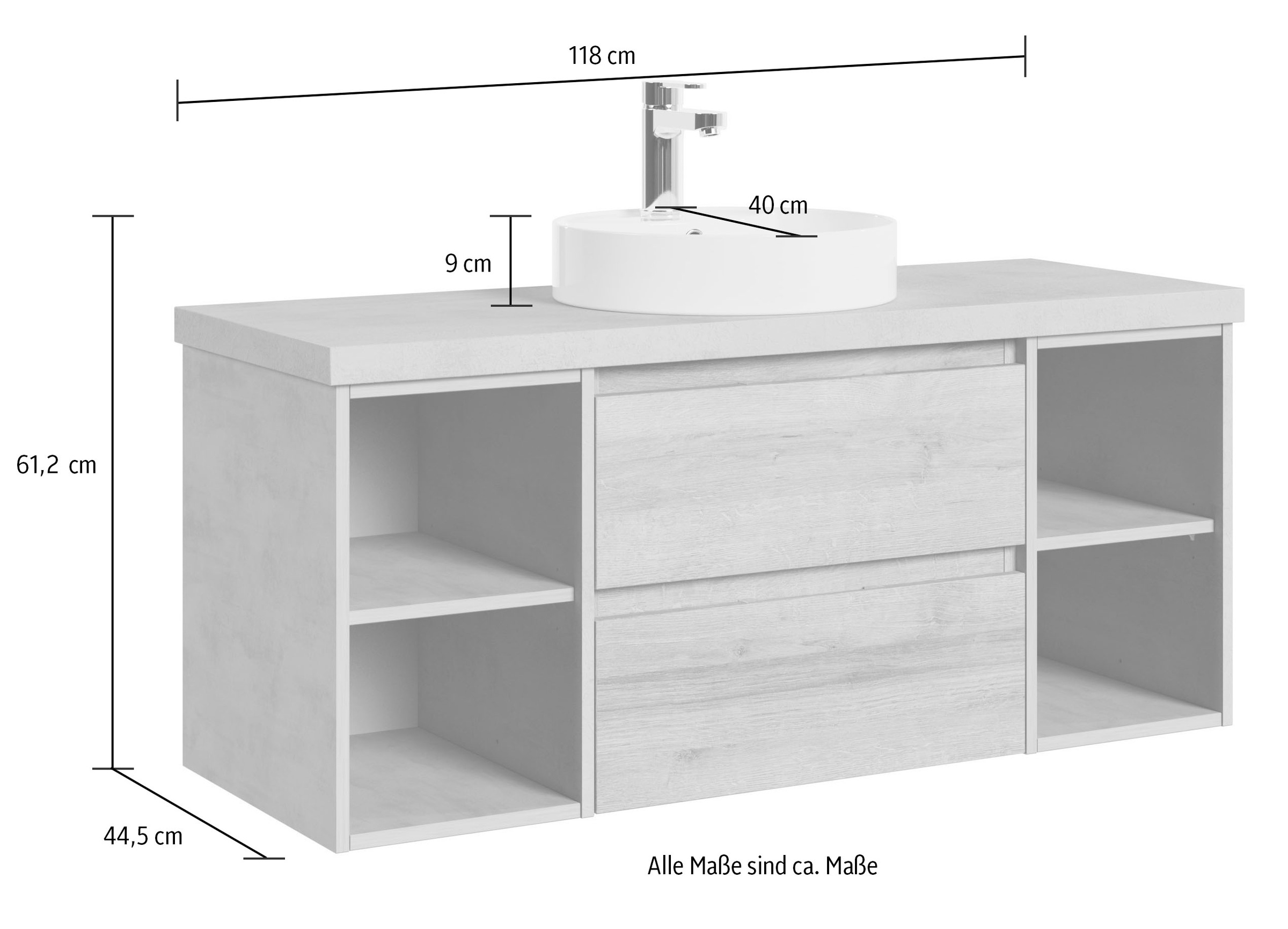 Saphir Waschtisch »Serie 4035 Keramik-Aufsatzbecken mit Unterschrank, 118 cm breit«, Waschplatz, 2 Schubladen, inkl. Schubladendämpfer, mit Griffuge