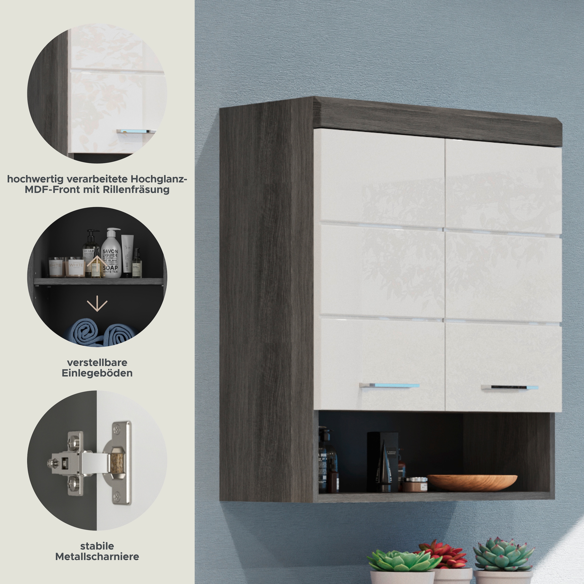 INOSIGN Hängeschrank »Siena, Breite 74cm, 2 Türen, 1 offenes Fächer, MDF-Front«, in verschiedenen Farben erhältlich, Badmöbel, Badschrank, Schrank, Bad