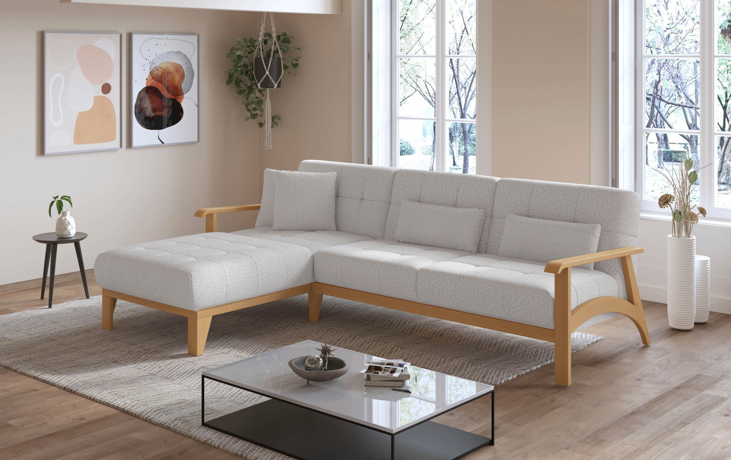 sit&more Ecksofa »Billund L-Form«, Armlehnen aus eichefarbigem Buchenholz, verschiedene Bezüge und Farben
