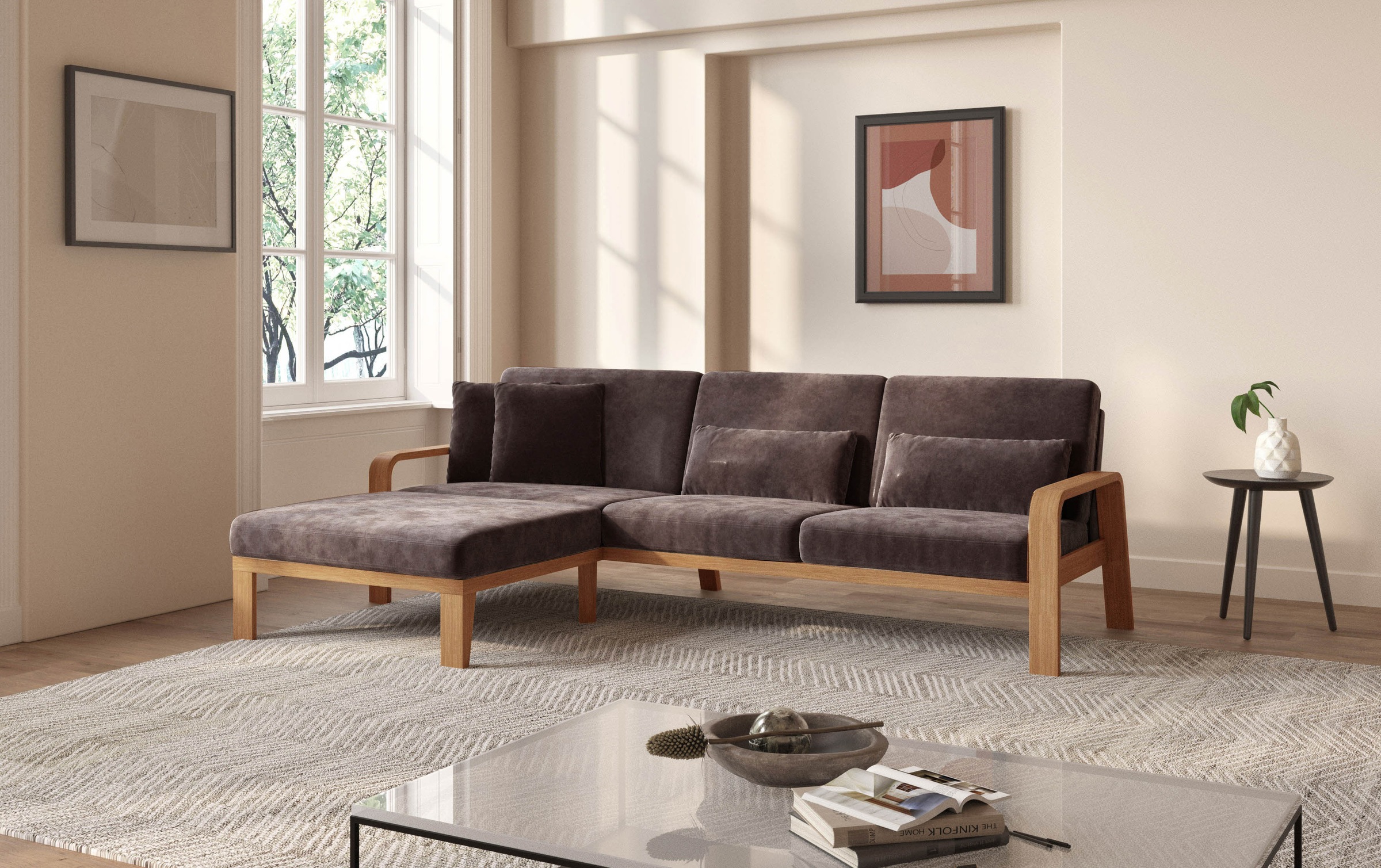 sit&more Ecksofa »Kolding L-Form«, Armlehnen aus eichefarbigem Buchenholz, verschiedene Bezüge und Farben