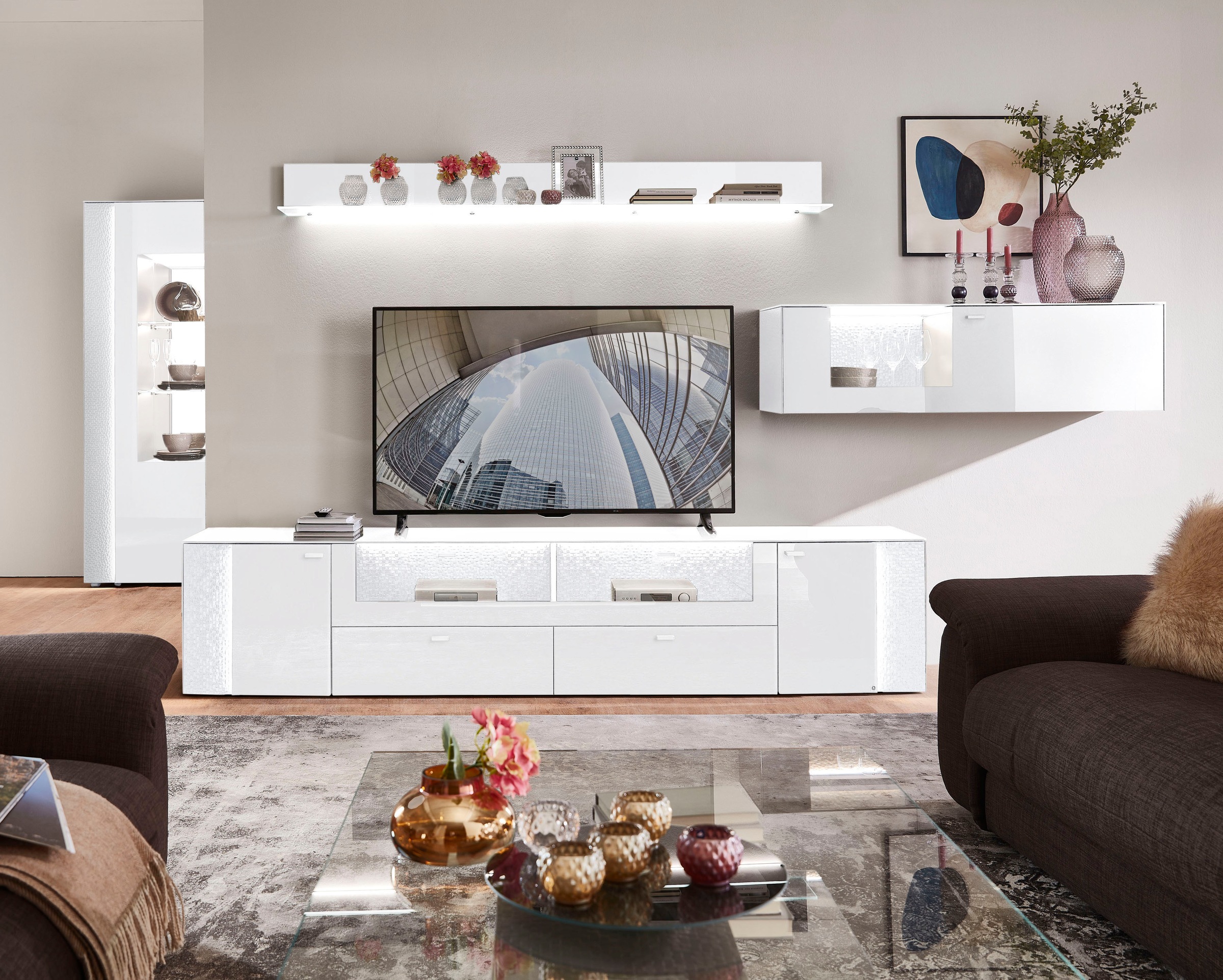 LEONARDO Lowboard »AUREA« mit Pailletten-Akzent, wahlweise mit Beleuchtung Lack weiß/Paillette weiß