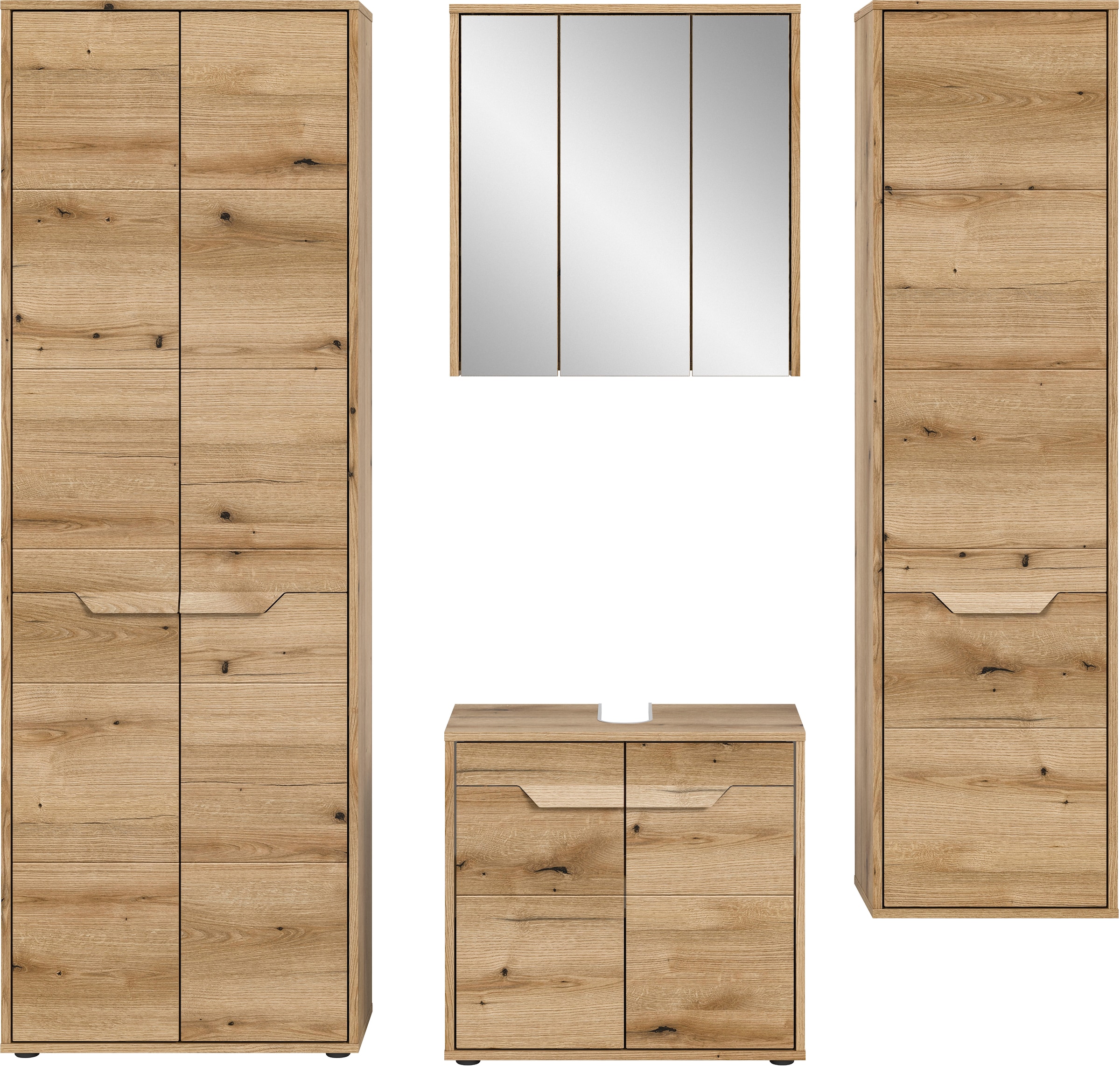 welltime Badmöbel-Set »Kayu, bestehend aus: 2 Hochschränken, Waschbeckenunterschrank,«, Spiegelschrank, hochwertige MDF Front mit Rillenfräsung, Bad, Bad Set