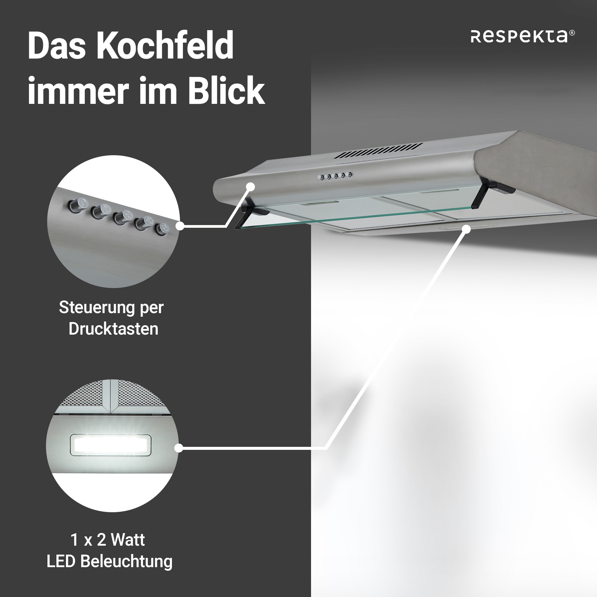 RESPEKTA Unterbauhaube »CH 1259 IXC N«, Serie Tilla, 60 cm, 3 Leistungsstufen, LED-Beleuchtung, Ab- und Umluftfähig