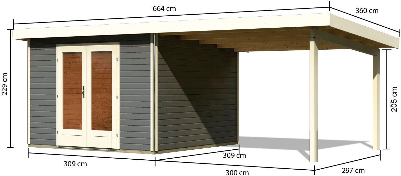 Karibu Gartenhaus »Rabensee 1«, (Set), mit Anbaudach 3,30 m, terragrau