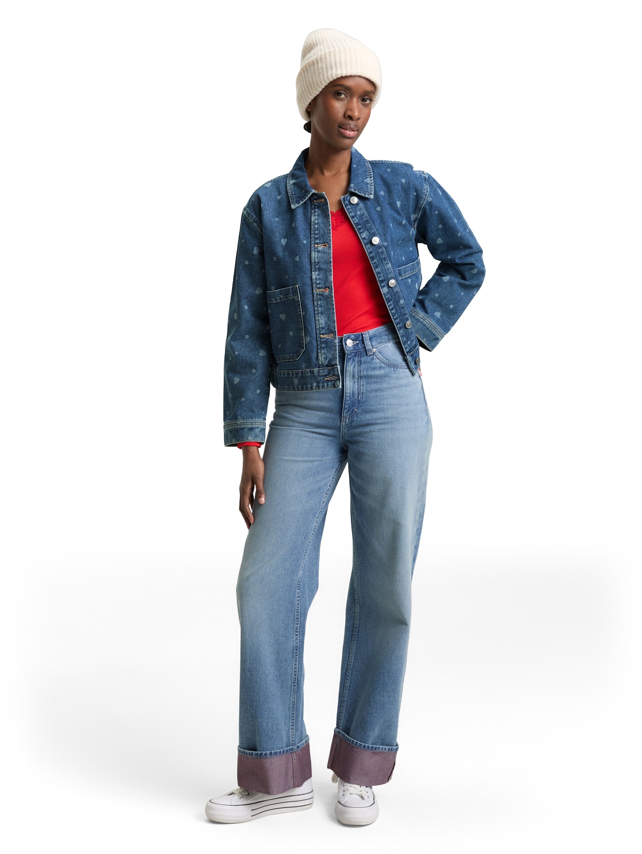 TOM TAILOR Denim Jeansjacke ohne Kapuze mit All-Over-Herz-Print