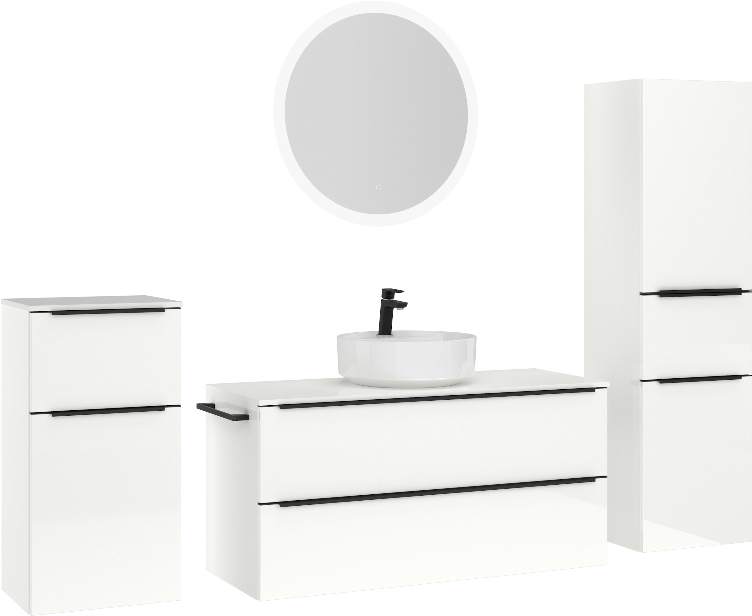 nobilia® Badmöbel-Set »Alvene«, (4 St., vormontiert, mit Soft-Close), Hochglanz, inkl. Spiegel mit Touch-Sensor, in vier Breiten