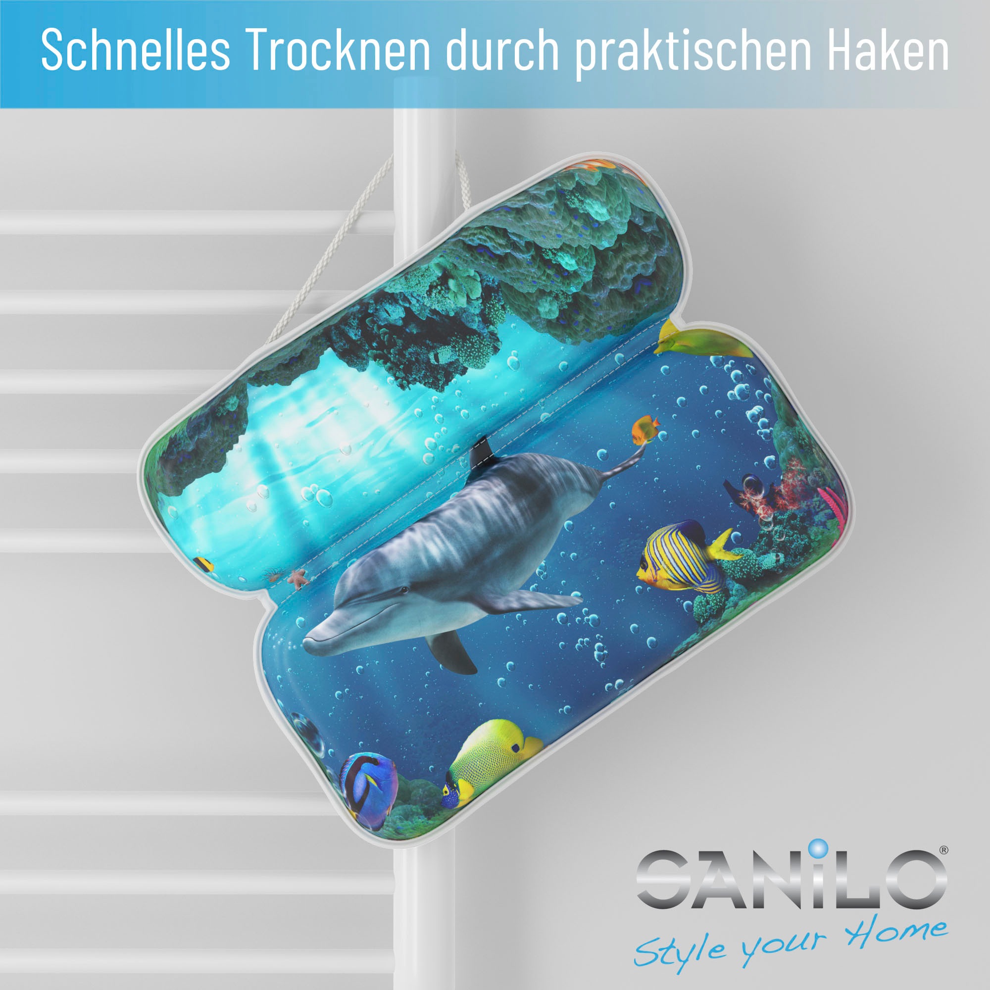 Sanilo Nackenkissen »Badewannenkissen Delphin«, bequem, rutschfest, kräftige Farben, mit 7 starken Saugnäpfen