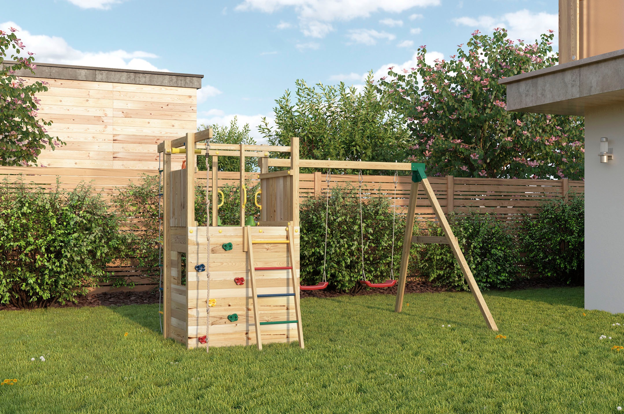 FUNGOO Spielturm »HOUSER, mit Rutsche, Schaukeln, Piratenrad und Haus mit Fenster«, Made in Europe
