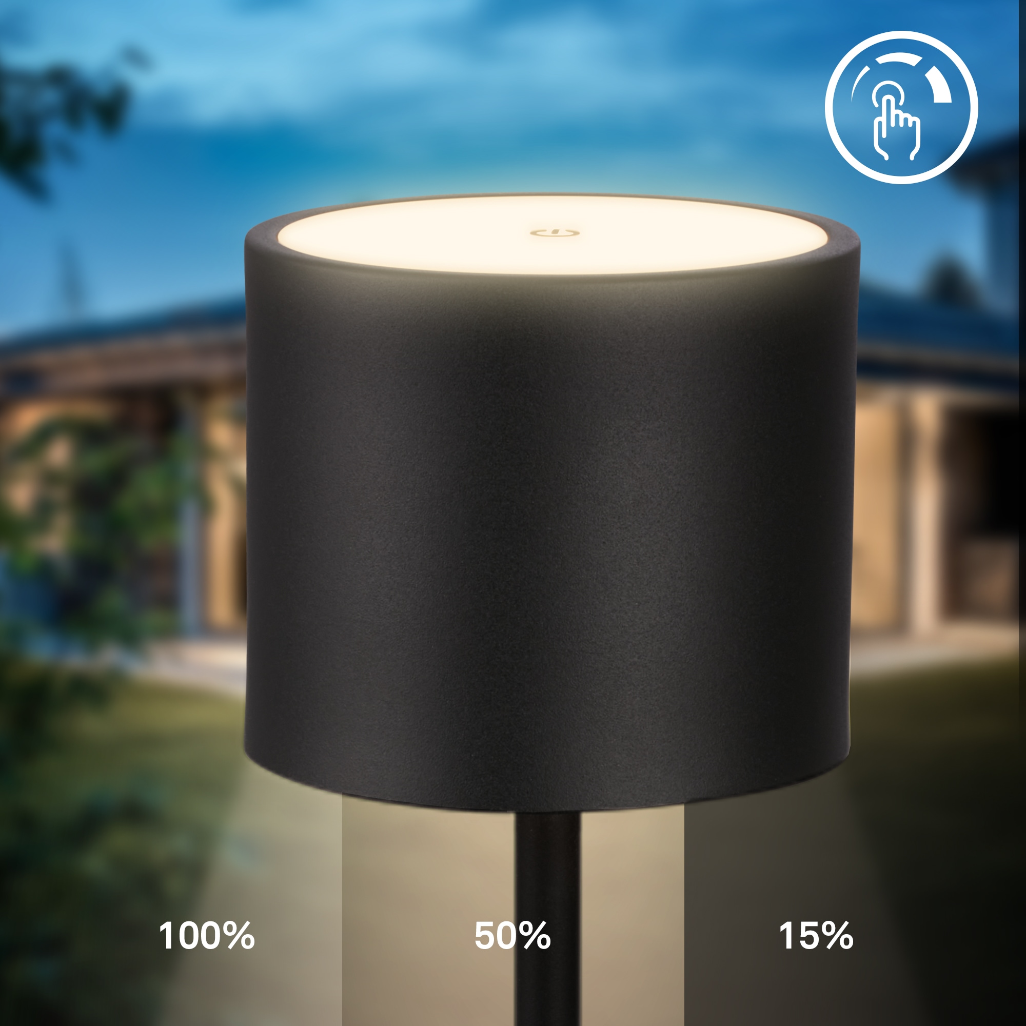 B.K.Licht Außen-Tischleuchte »BK_TL1608 Akku Tischlampe mit Ladestation, 3-Stufen Touchdimmer, IP44«, 1 flammig, Leuchtmittel LED-Modul | LED fest integriert, 3.000 K, 230 Lm, 2,5W, Akku wechselbar, max. 12h Leuchtdauer, Weiß