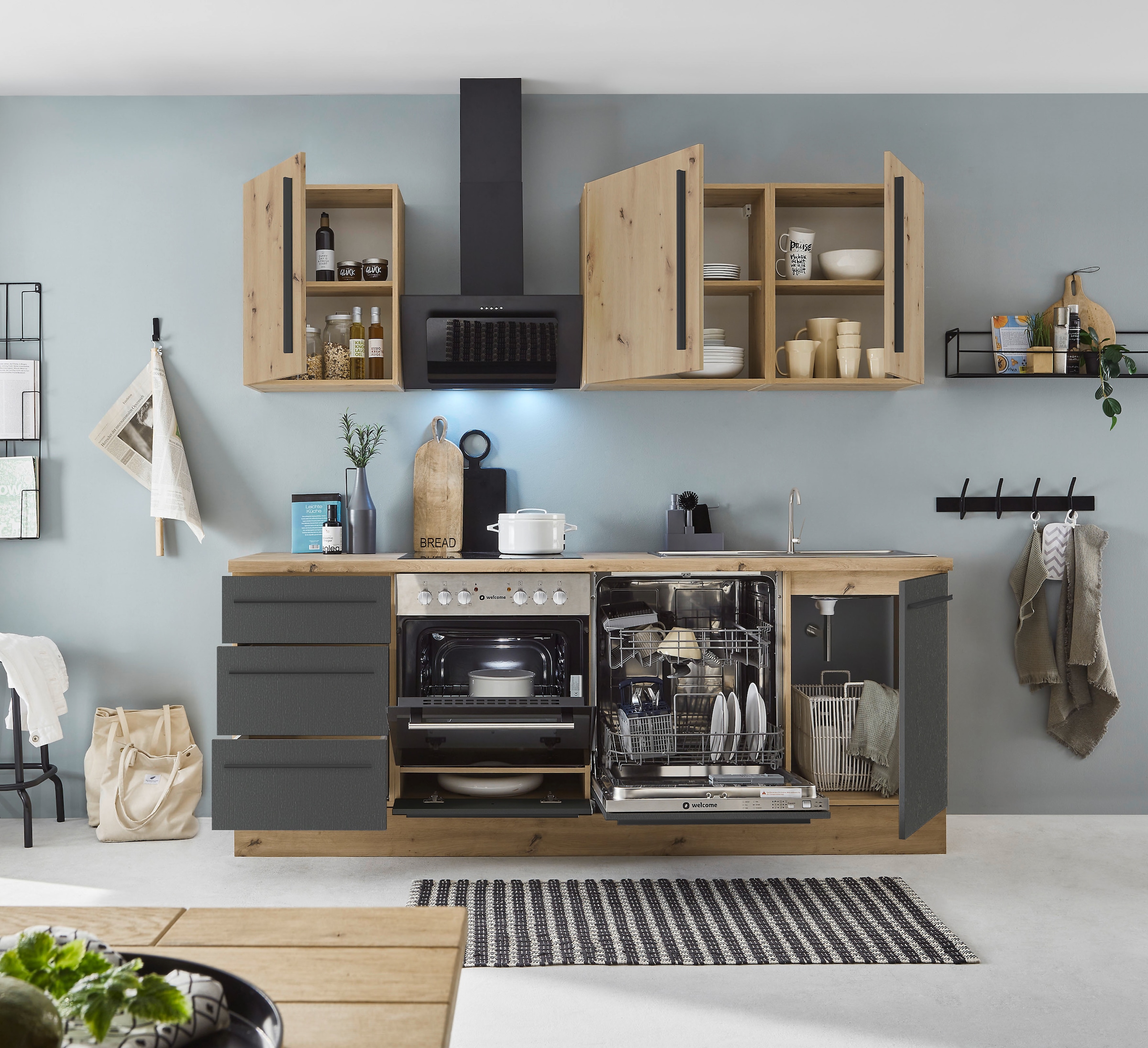 KOCHSTATION Küchenzeile »KS-Florida mit 38mm starker Arbeitsplatte«, Breite 220 cm, wahlweise mit E-Geräten, Soft-Close-Funktion