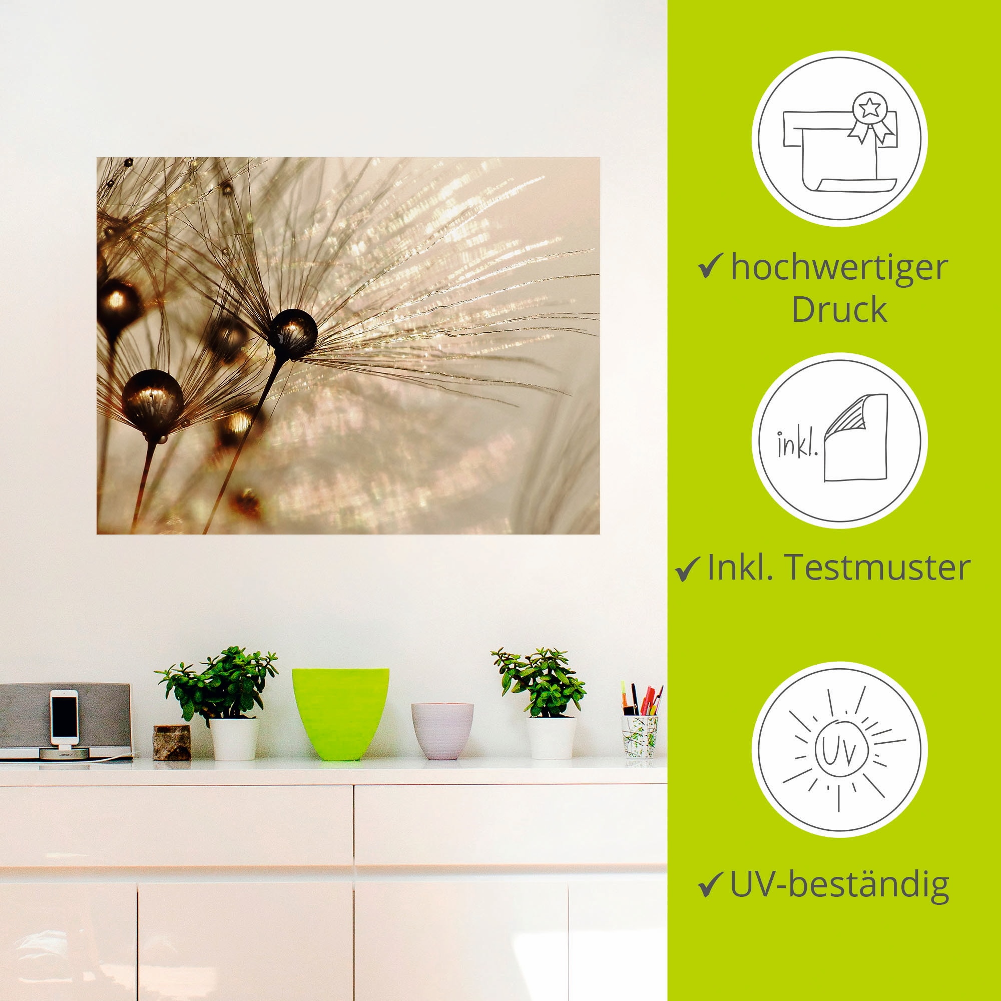 Artland Wandbild »Pusteblume Goldener Tropfen«, Blumen, (1 St.), als Alubild, Outdoorbild, Leinwandbild, Poster, Wandaufkleber