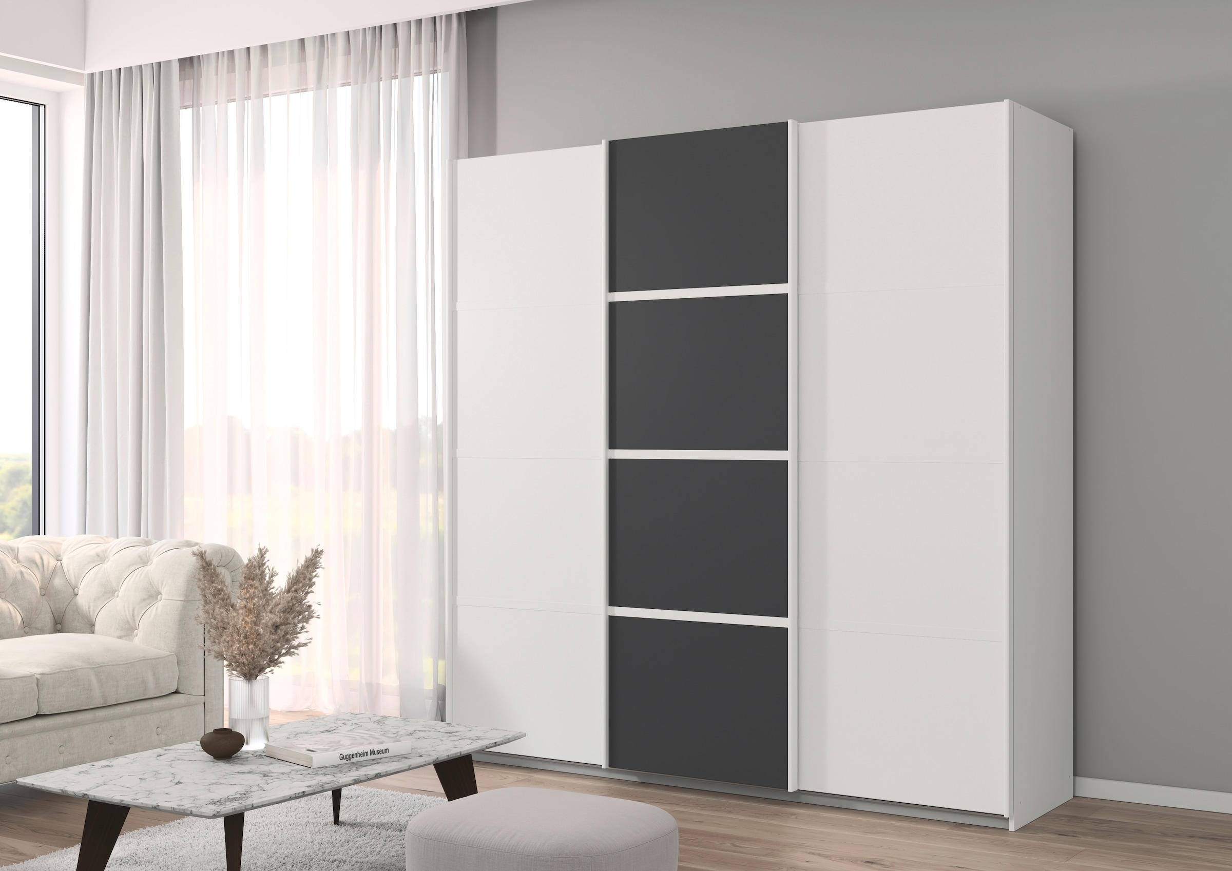 rauch Kleiderschrank »Schwebetürenschrank OTTO´s Choice Garderobe Schrank TOP ANGEBOT Avola«, (in 3 verschiedenen Ausstattungen BASIC/CLASSIC/PREMIUM), mit eleganten Zierleisten in Chrom, Schwarz oder Weiß MADE IN GERMANY