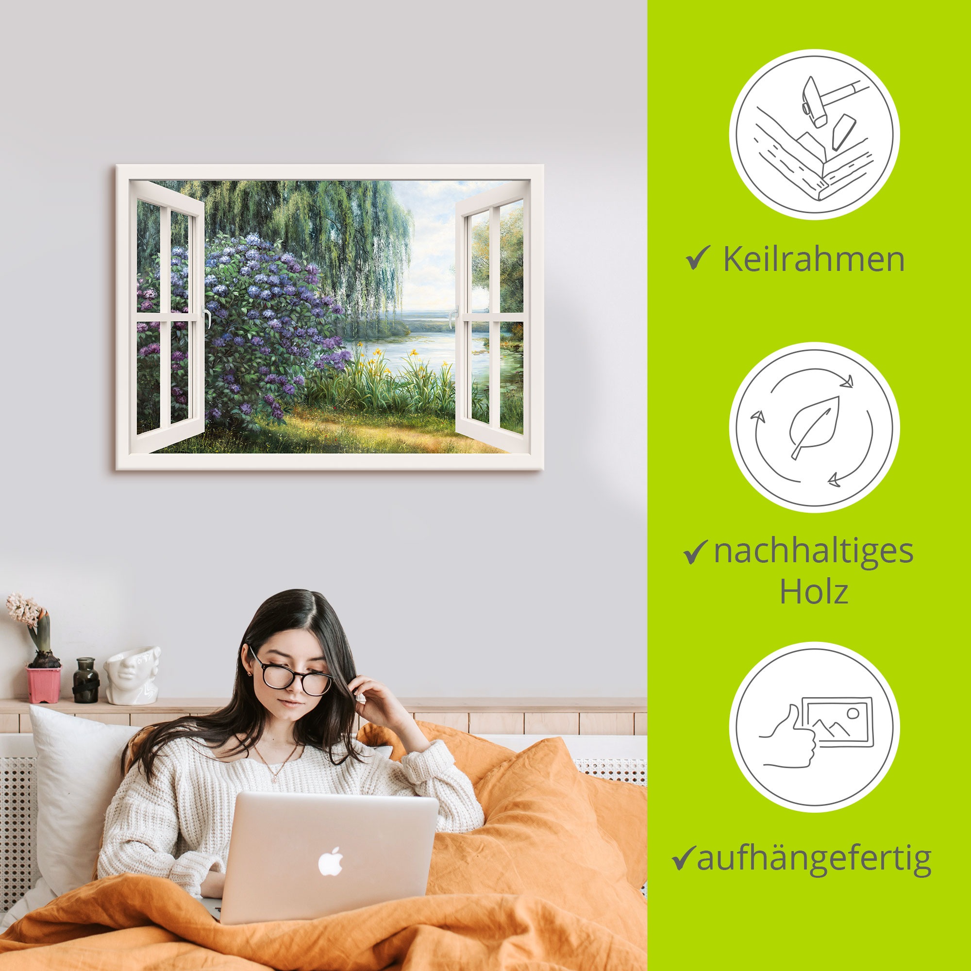 Artland Wandbild »Hortensien am See«, Fensterblick, (1 St.), als Leinwandbild, Poster, Wandaufkleber in verschied. Größen