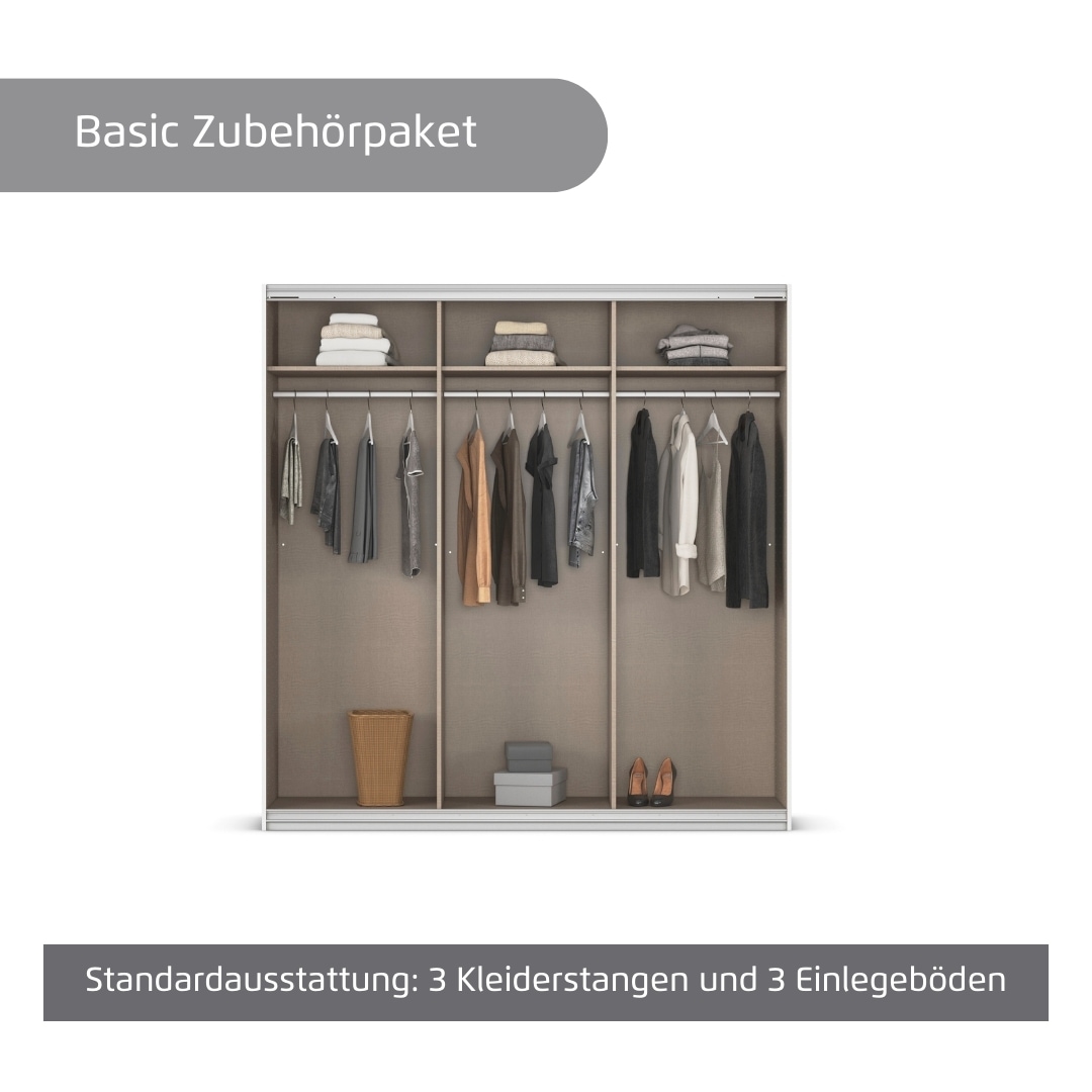rauch Kleiderschrank »Schwebetürenschrank OTTO´s Choice Garderobe Schrank TOP ANGEBOT Avola«, (in 3 verschiedenen Ausstattungen BASIC/CLASSIC/PREMIUM inkl. Spiegel), mit eleganten Zierleisten in Chrom, Schwarz oder Weiß MADE IN GERMANY
