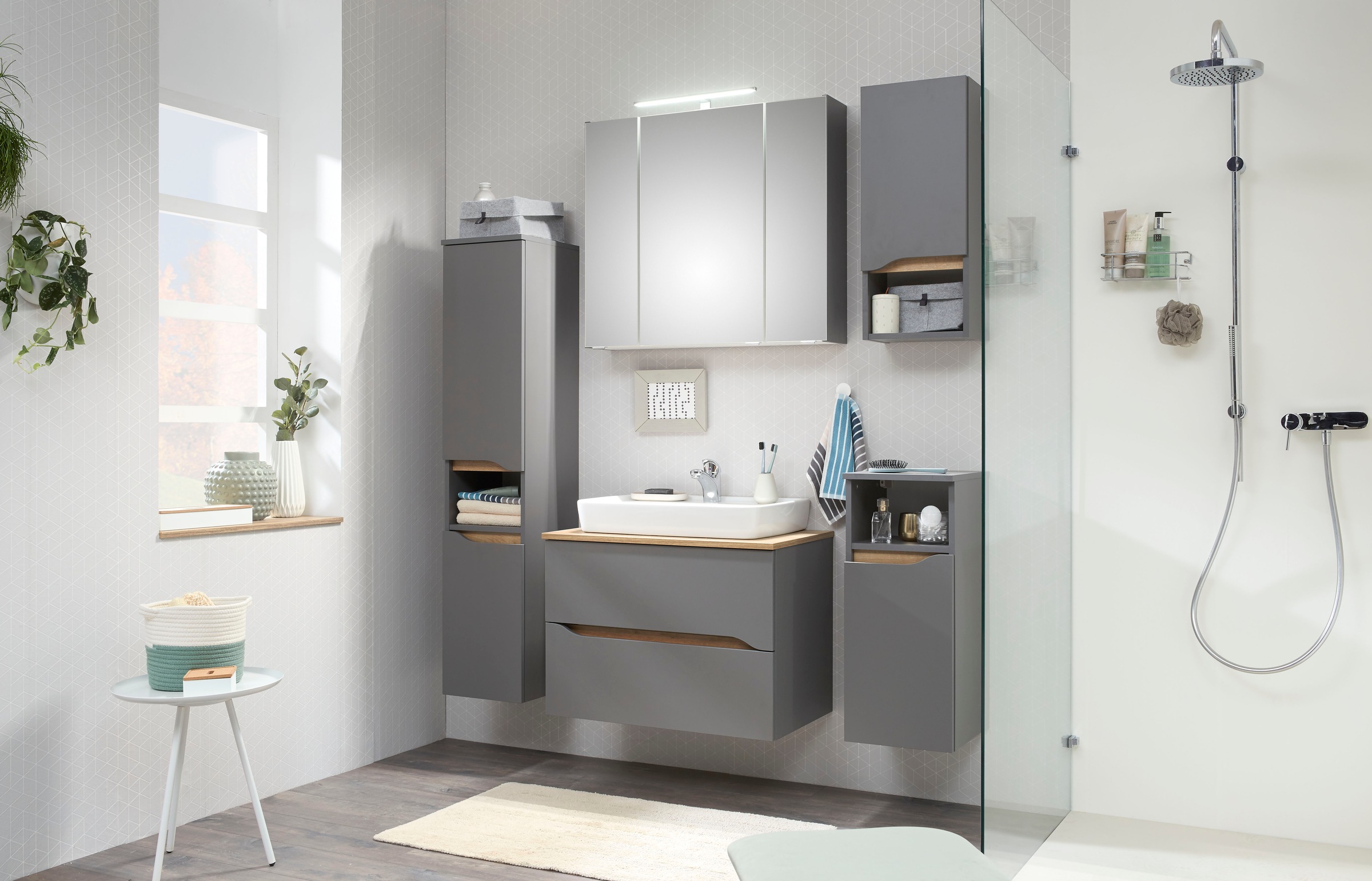Saphir Badmöbel-Set »Quickset 5-teilig, Keramik-Aufsatzbecken und LED-Spiegelschrank«, (7 St.), Midischrank, Unterschrank, Hängeschrank, inkl. Türdämpfer, 7 Türen