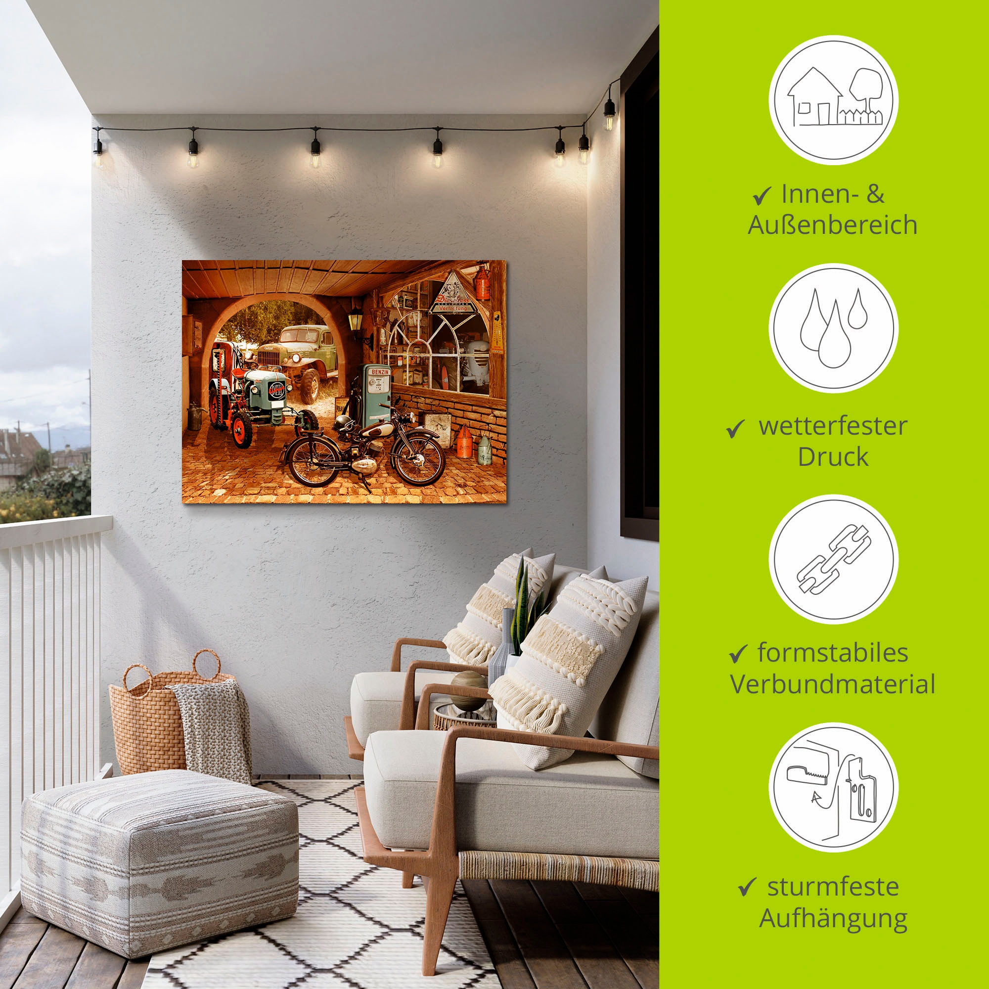 Artland Wandbild »Werkstatt mit Traktor und Motorrad«, Traktoren, (1 St.), als Alubild, Outdoorbild, Leinwandbild, Wandaufkleber, versch. Größen
