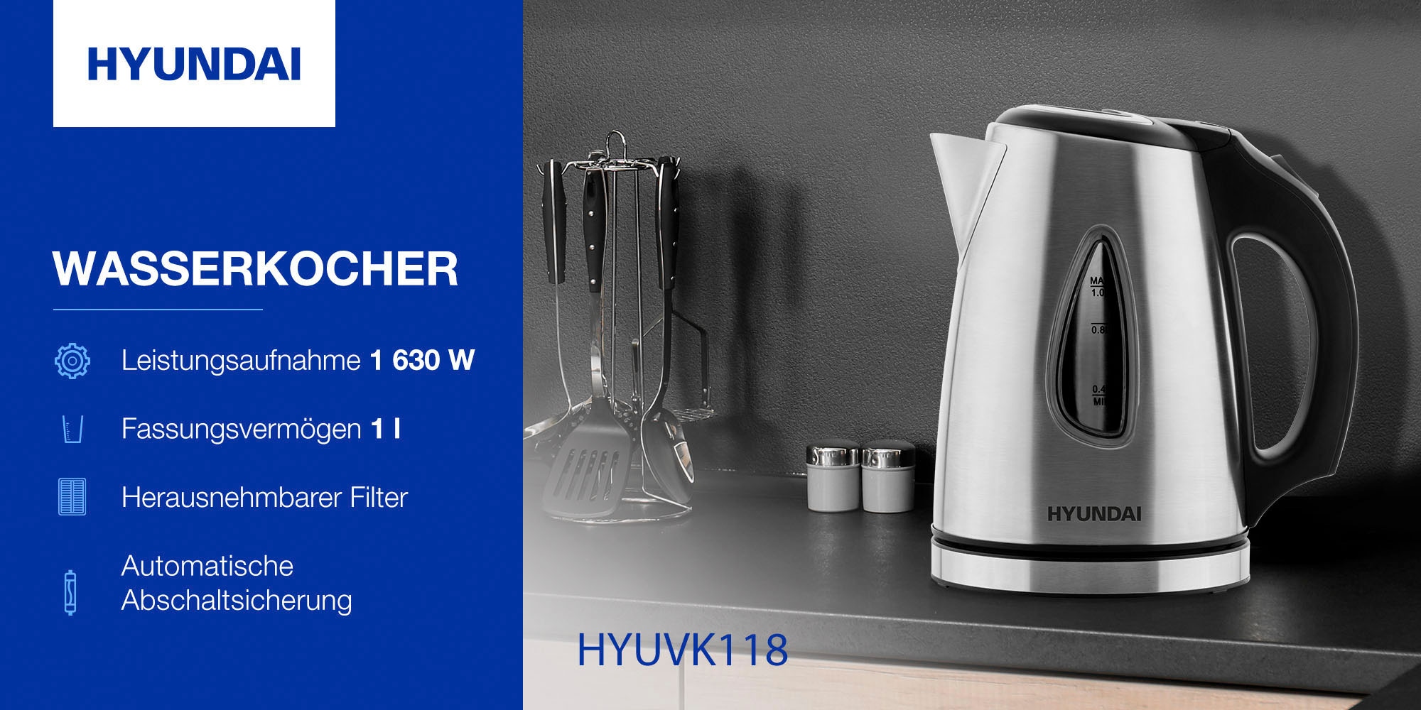 Hyundai Wasserkocher »VK118«, 1,0 l, 1630 W, Abschaltautomatik,  Überhitzungsschutz, Drehbarer Sockel online bei