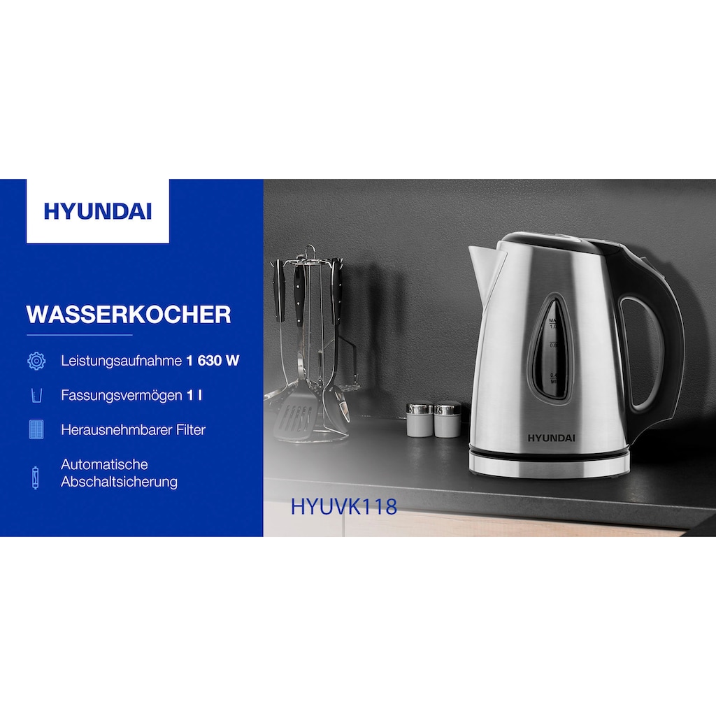 Hyundai Wasserkocher »VK118«, 1,0 l, 1630 W, Abschaltautomatik, Überhitzungsschutz, Drehbarer Sockel