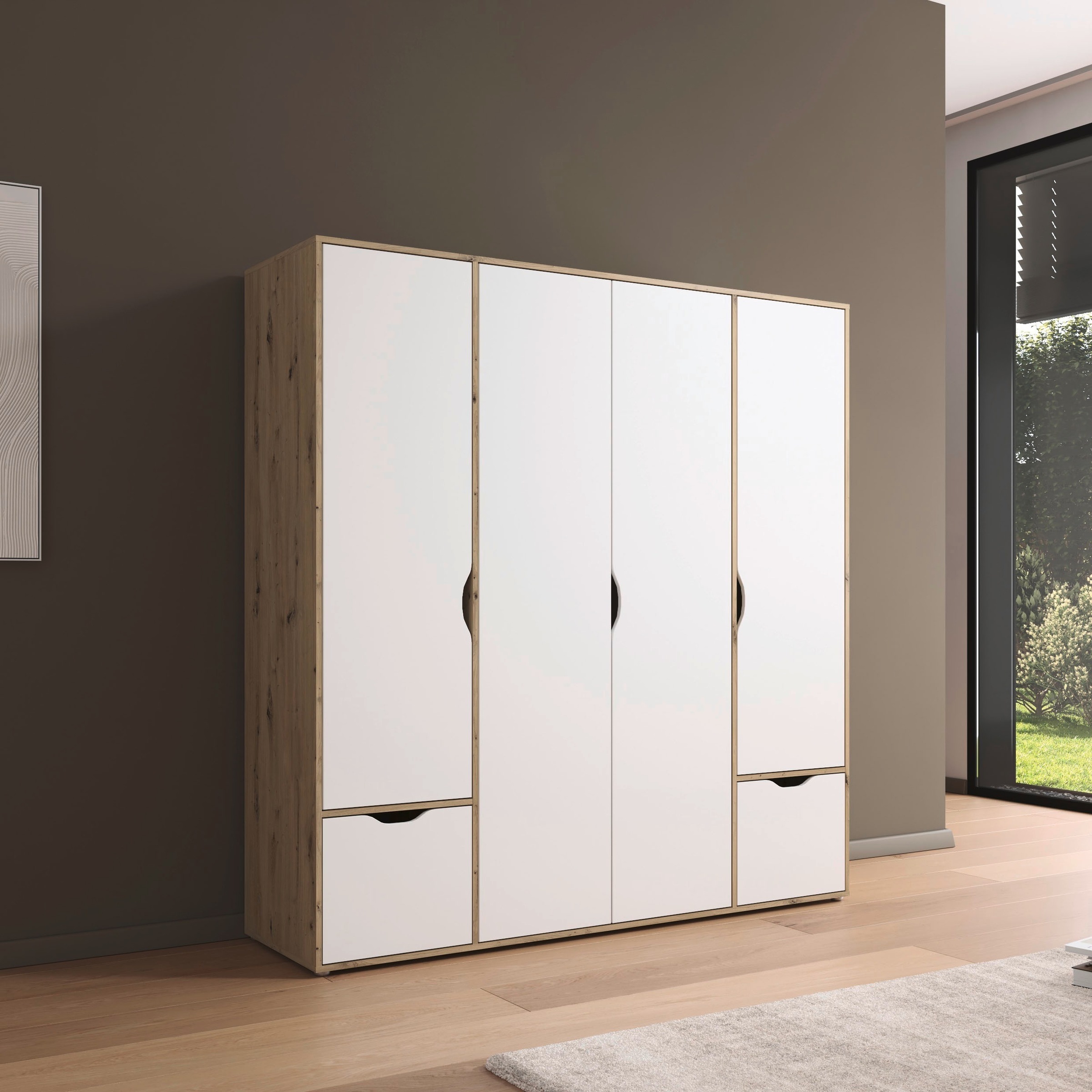 rauch Drehtürenschrank »Kleiderschrank Schrank Garderobe Wäscheschrank NARAI mit Schubladen«, (in 3 verschiedenen Ausstattungen BASIC/CLASSIC/PREMIUM), Griffausfräsungen für eine grifflose Optik TOPSELLER MADE IN GERMANY