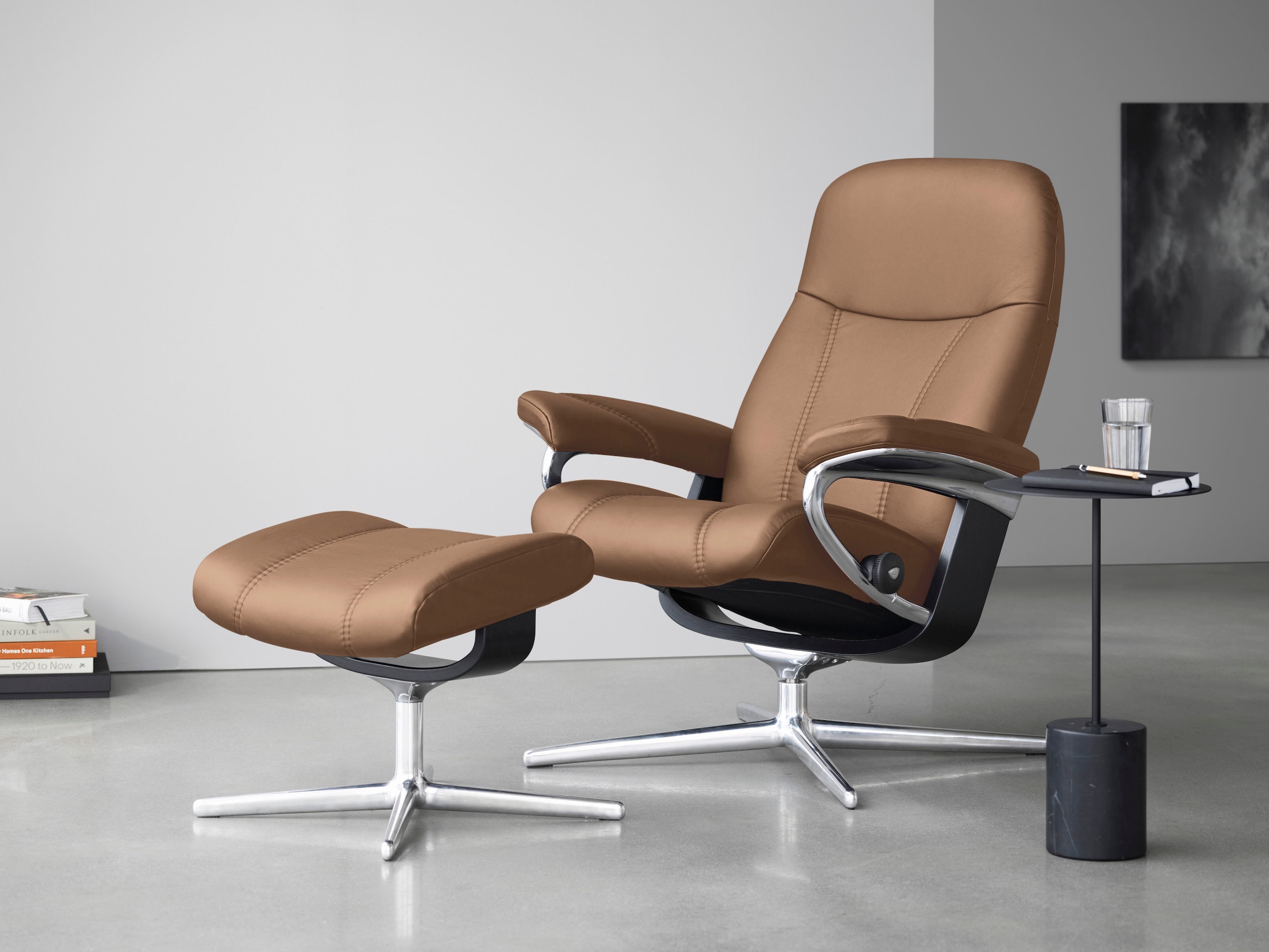 Stressless® Relaxsessel »Consul« Set, Relaxsessel mit Hocker,  mit Hocker, mit Cross Base, Größe S, M & L, Holzakzent Schwarz