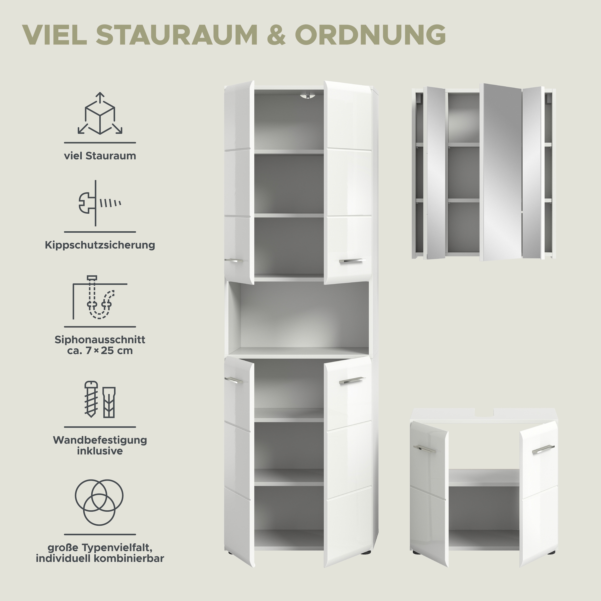 INOSIGN Badmöbel-Set »FLORENZ, TOPSELLER!, 3-teilige Badkombination, hochwertige MDF-Front«, (best. aus: 1 Hochschrank, 1Waschbeckenunterschrank, 1 Spiegelschrank), Bad-Kombination, Bad-Möbel, Badezimmer, Kombination, Kombi