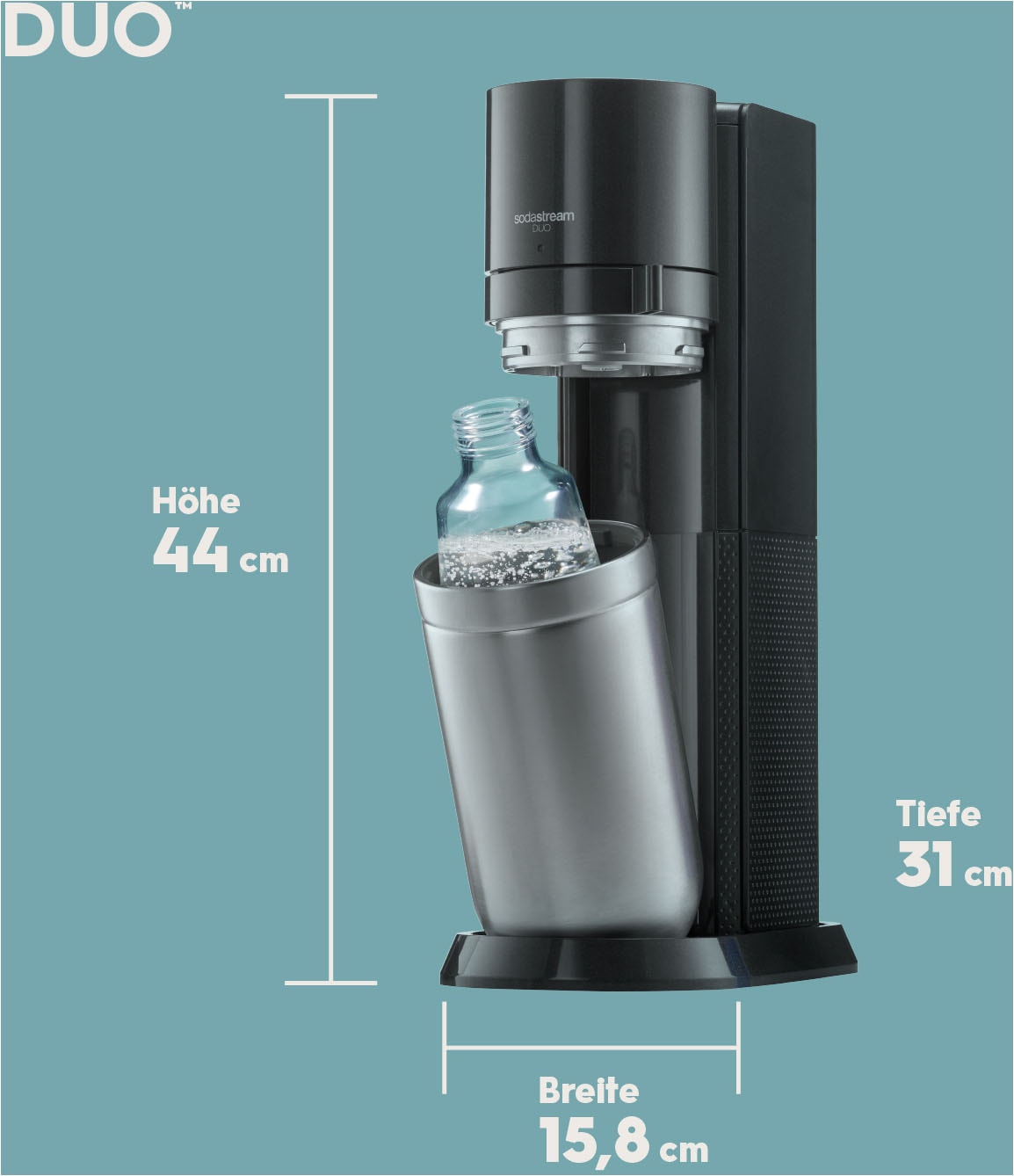 SodaStream Wassersprudler »SodaStream DUO, titan, mit 3 Flaschen, 1 CO2-Zylinder und 2 Sirups«, (Set, 7 tlg., Sirups: 1x 7up 440 ml, 1x Holunderblüte 440 ml), 1x Glasfl. 1L, 1x Kunststofffl. 1L, 1x Fizz&go COOL storm 0,9L