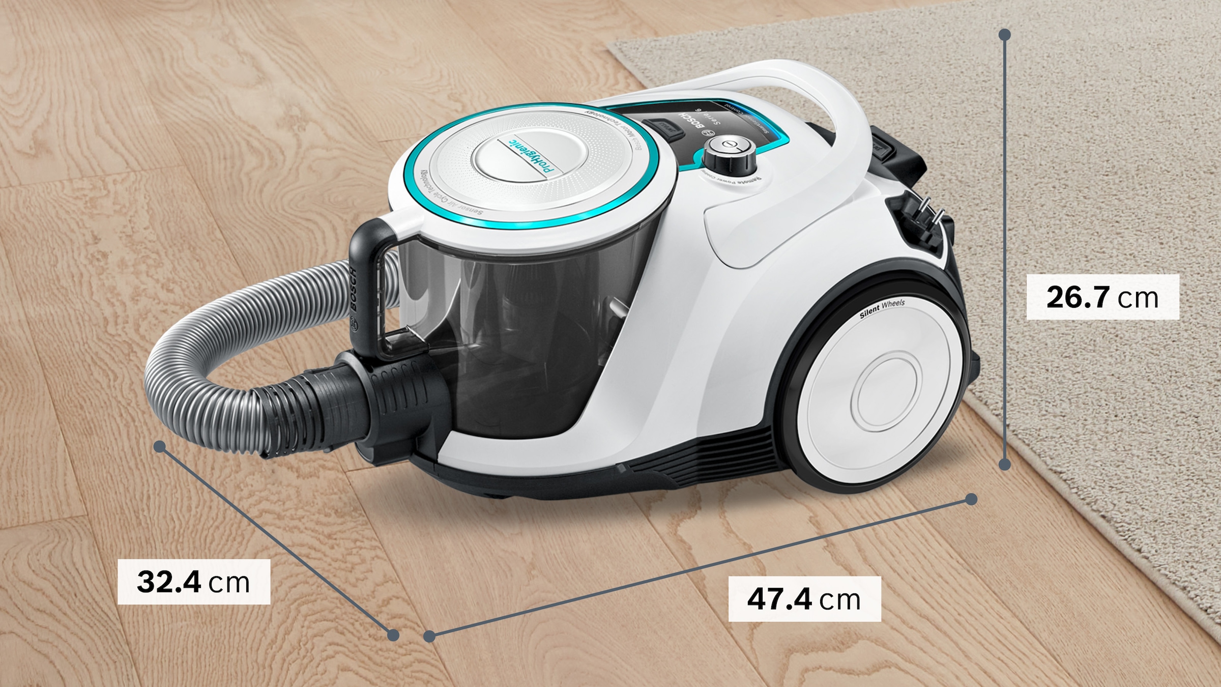 BOSCH Bodenstaubsauger »Serie 6 ProHygienic BGC41XHYG, ideal für Allergiker, Hygiene-Filter«, 750 W, beutellos, 10 Jahre Motorgarantie, Hartbodendüse, XXL-Polsterdüse, leise, weiß