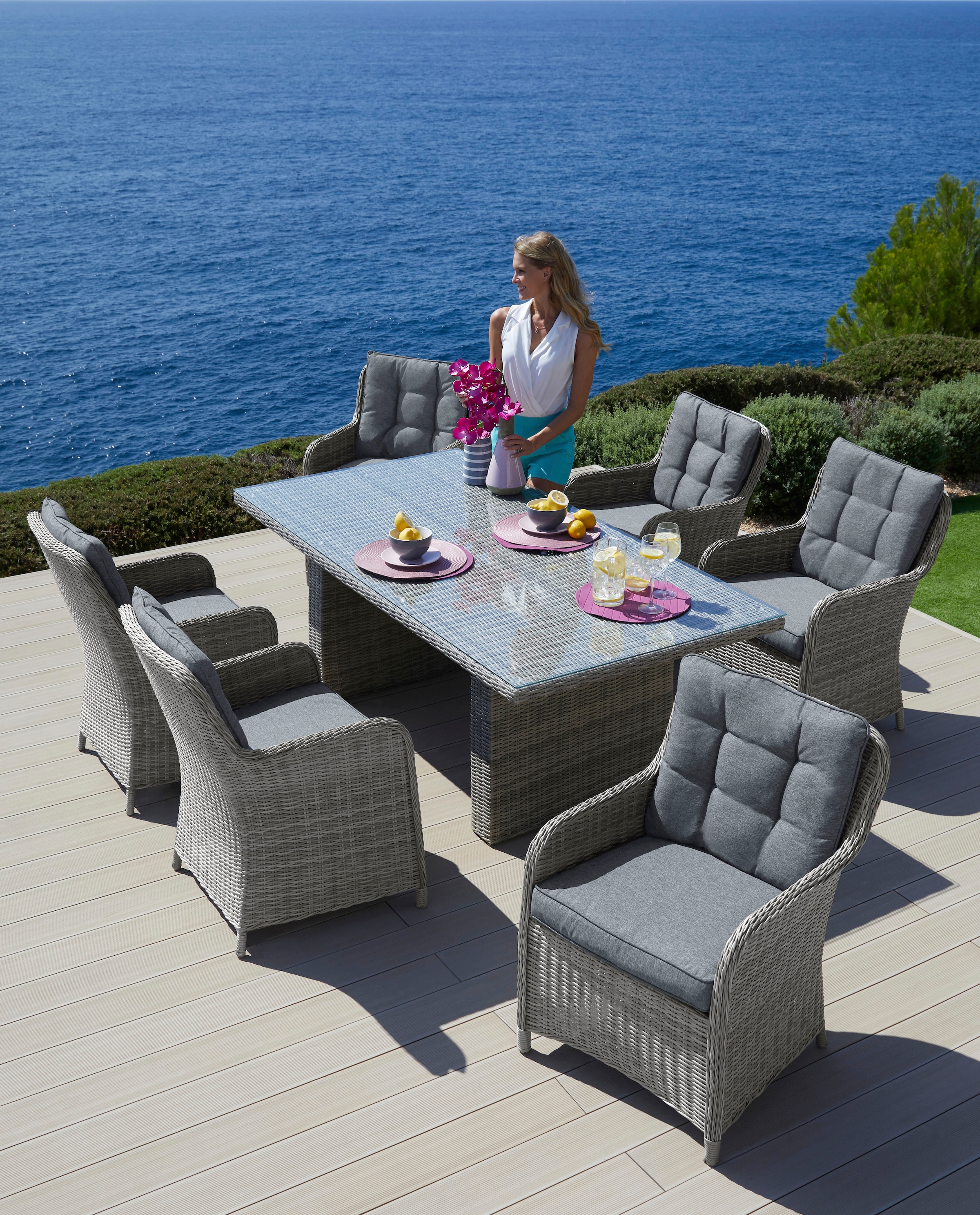KONIFERA Garten-Essgruppe »»Menorca««, (Set, 19 tlg., 6x Sessel, 1x Tisch 200x100x75 cm, inkl. Auflagen, Alu, Polyrattan), Polyrattan, Aluminium, Tischplatte aus 5mm starkem Sicherheitsglas