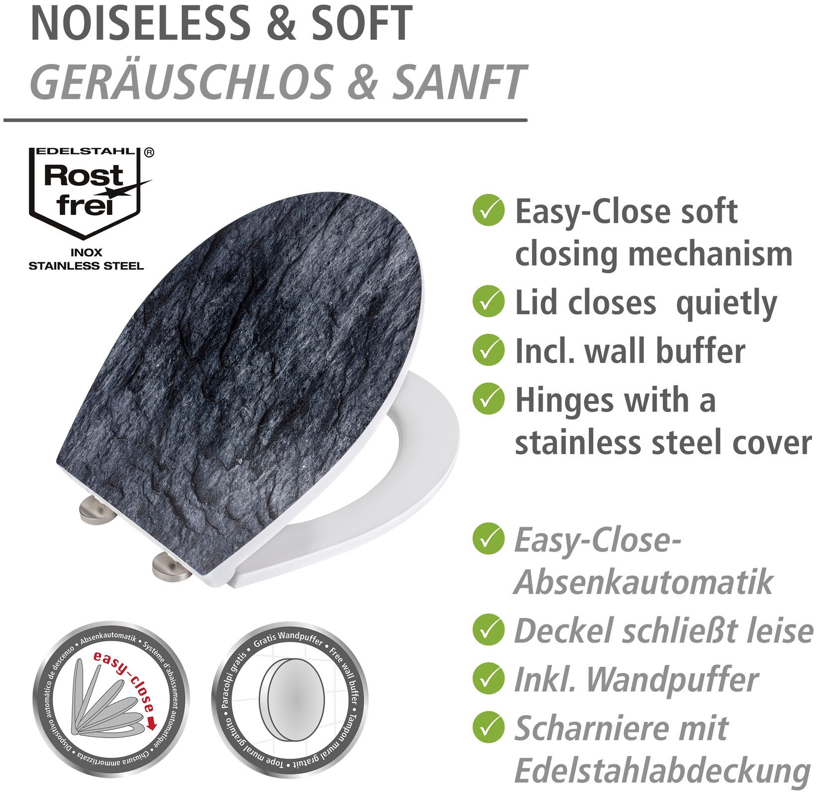 WENKO WC-Sitz »Slate Rock«, mit Relief, aus antibakteriellem Duroplast