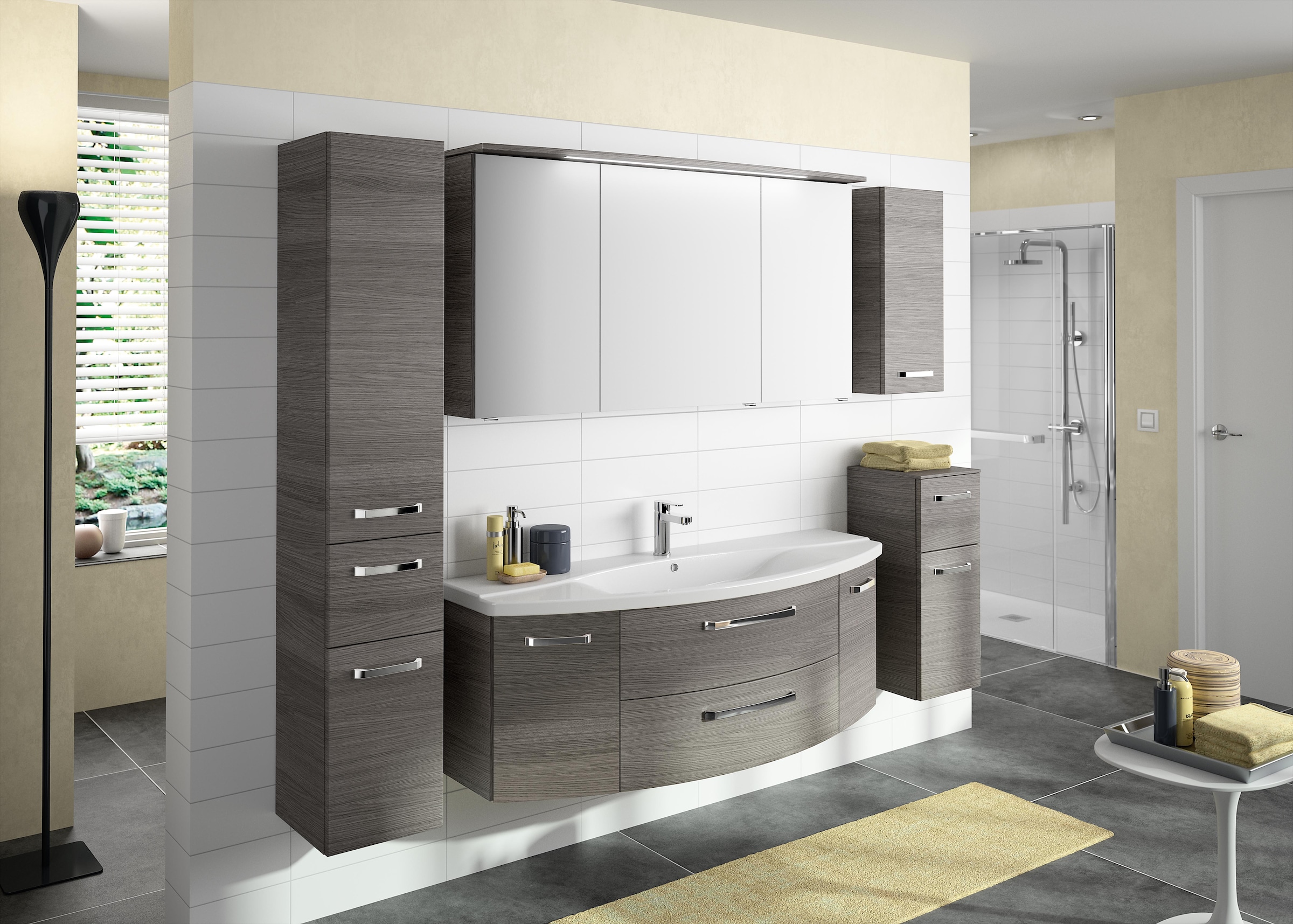 Saphir Badezimmerspiegelschrank »Serie 4010 Badezimmer-Spiegelschrank inkl. LED-Beleuchtung im Kranz«, Badschrank 142 cm breit, 3 Türen, 6 Glas-Einlegeböden, inkl Türdämpfer