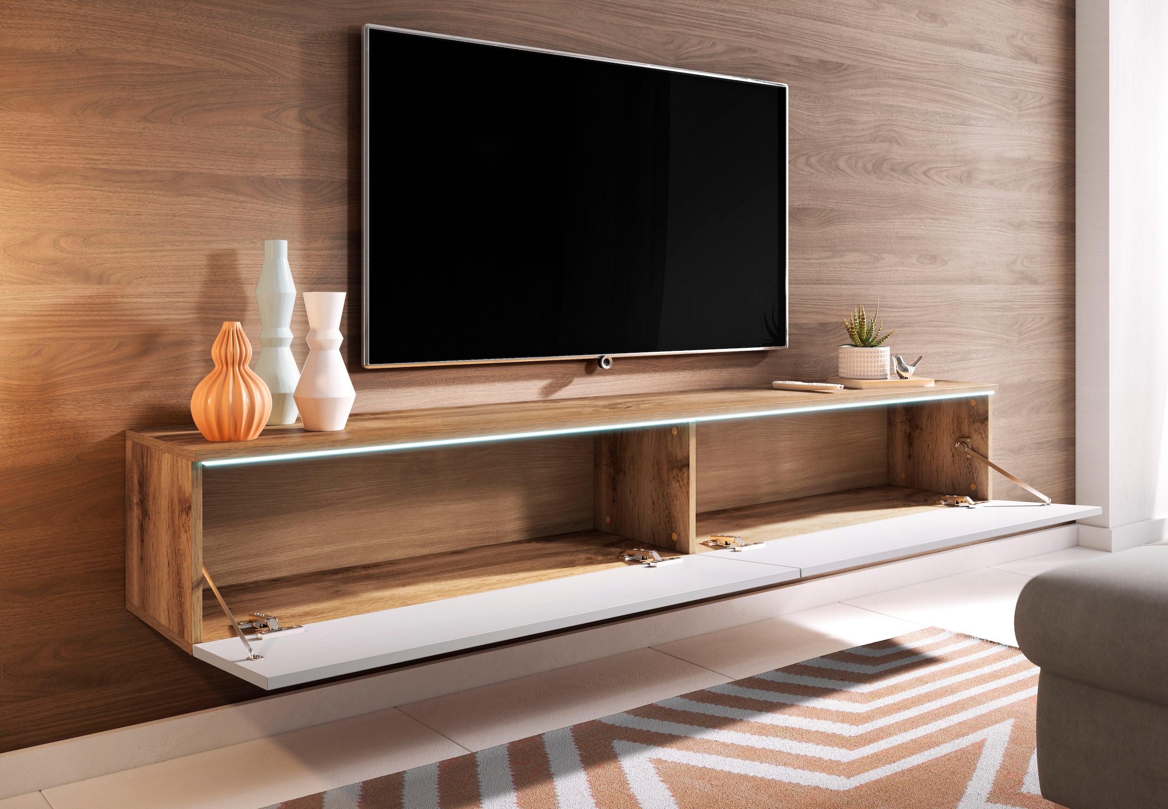 INOSIGN Lowboard »LOWBOARD VERA, wahlweise mit oder ohne Beleuchtung«, Modernes griffloses TV-Board, 180 cm TV-Schrank, stehend und hängend