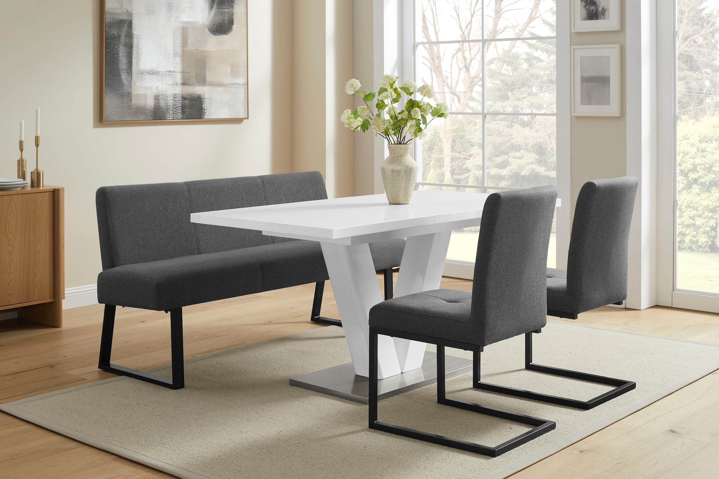 OTTO home Essgruppe »Gellina« Set, 4 tlg. ausziehbarer Esstisch, Freischwinger, Sitzbank mit Rückenlehne