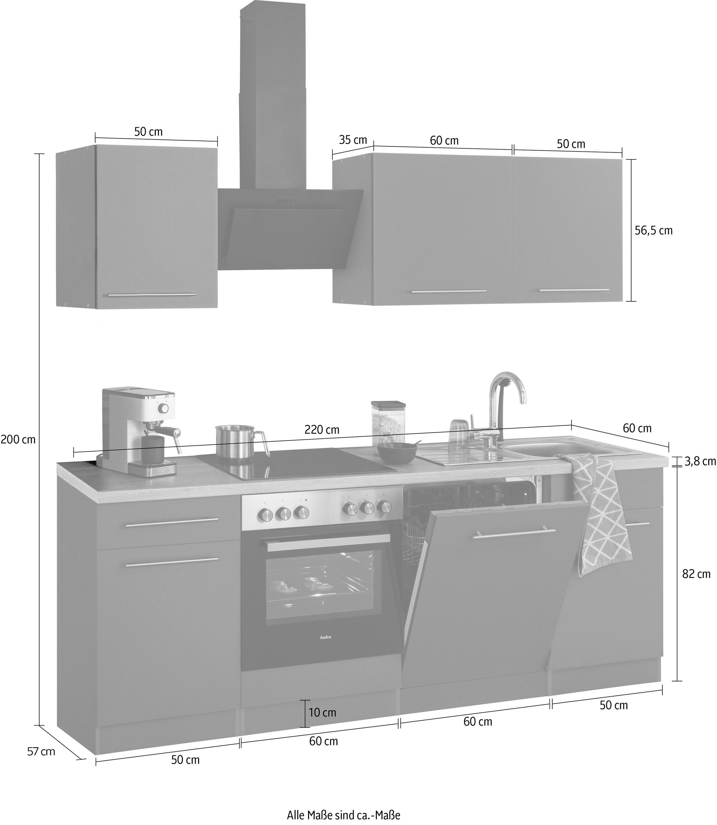 Küchen Küchenzeile 220 ohne »Unna«, Breite Rechnung E-Geräte, bestellen cm wiho auf