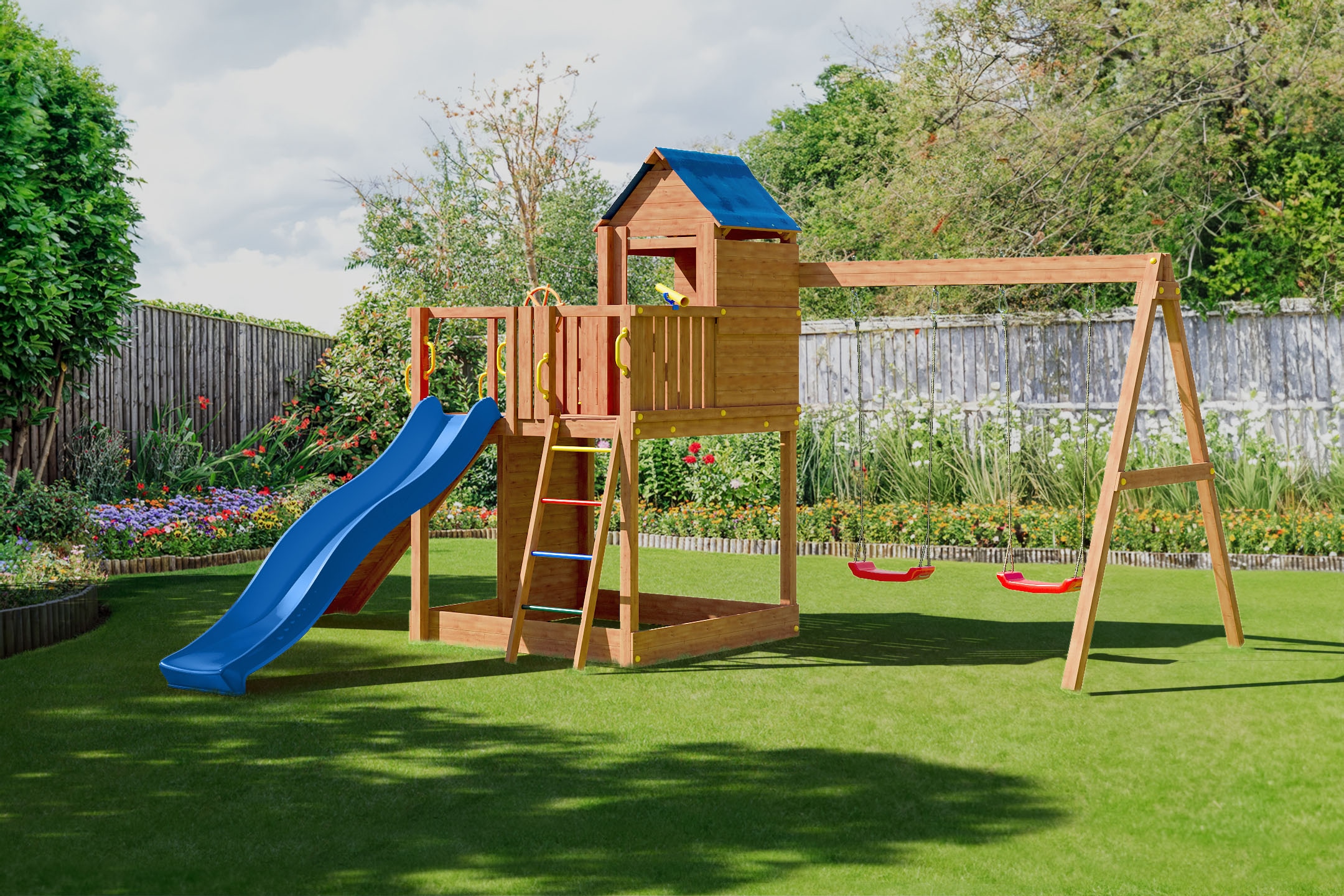 FUNGOO Spielturm »Treehouse« mit Spielhaus, Rutsche, Doppelschaukel, Kletterwand