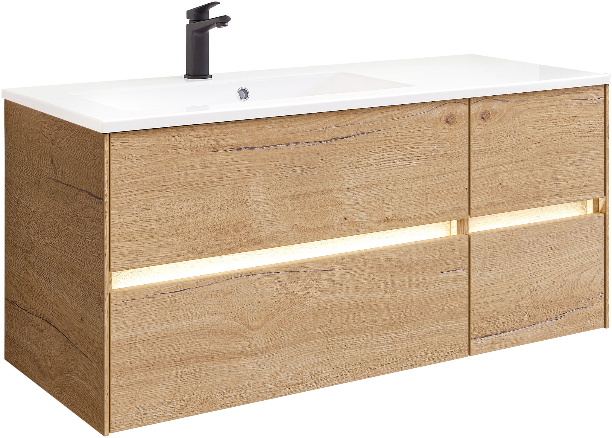 Saphir Waschtisch »Solid-Surface-Waschtisch mit Unterschrank Serie 6010,vormontiert,113cm« 2 Stk. tlg. Waschplatz, 4 Schubladen, LED-Beleuchtung, Badmöbel Set mit Waschtisch