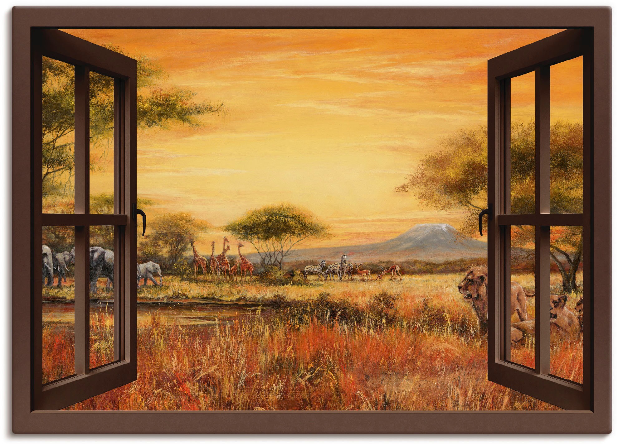 Artland Wandbild "Fensterblick Afrikanische Steppe Löwen", Fensterblick, (1 günstig online kaufen