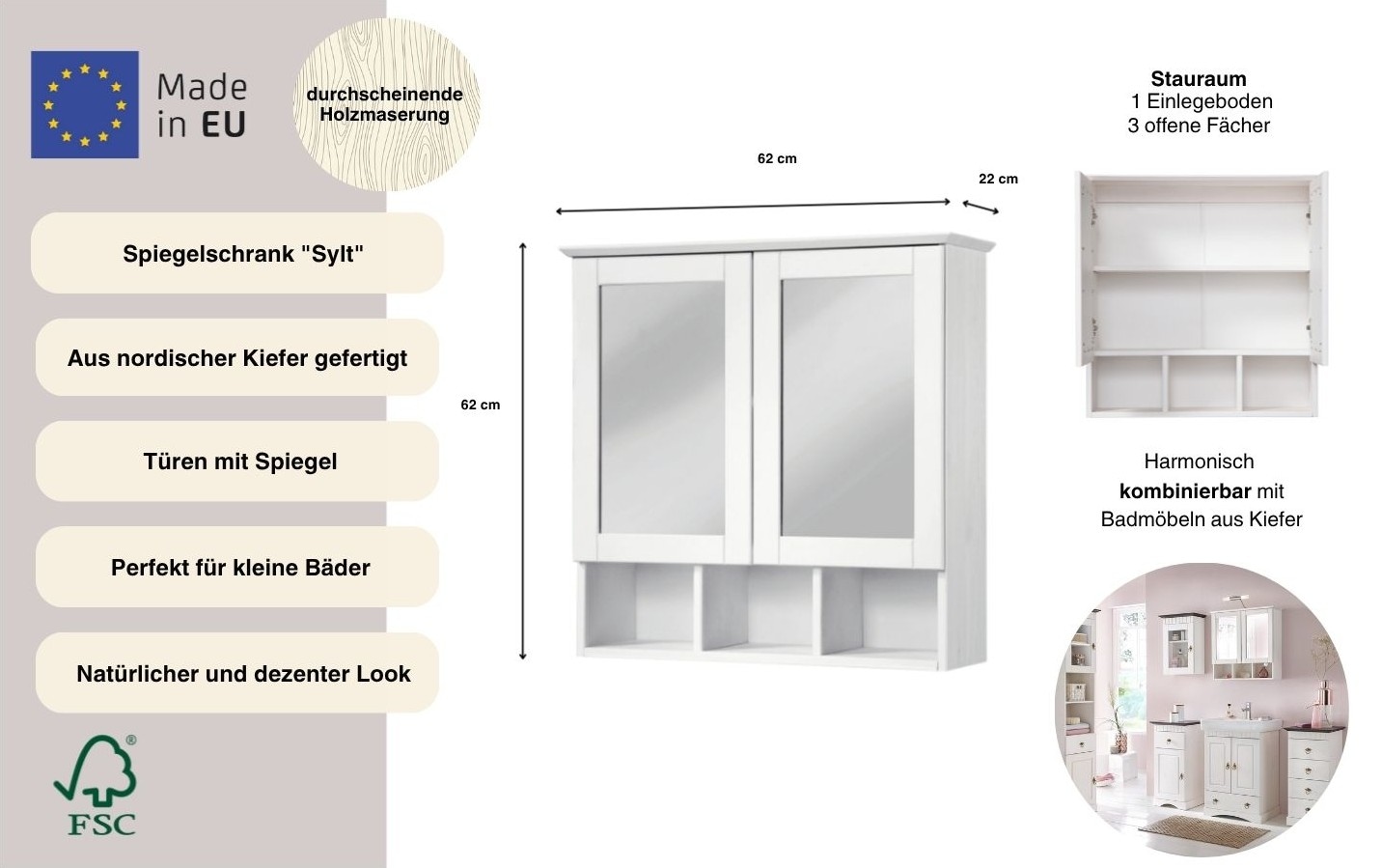welltime Spiegelschrank »Landhaus Sylt« Breite 62,5 cm, aus Massivholz
