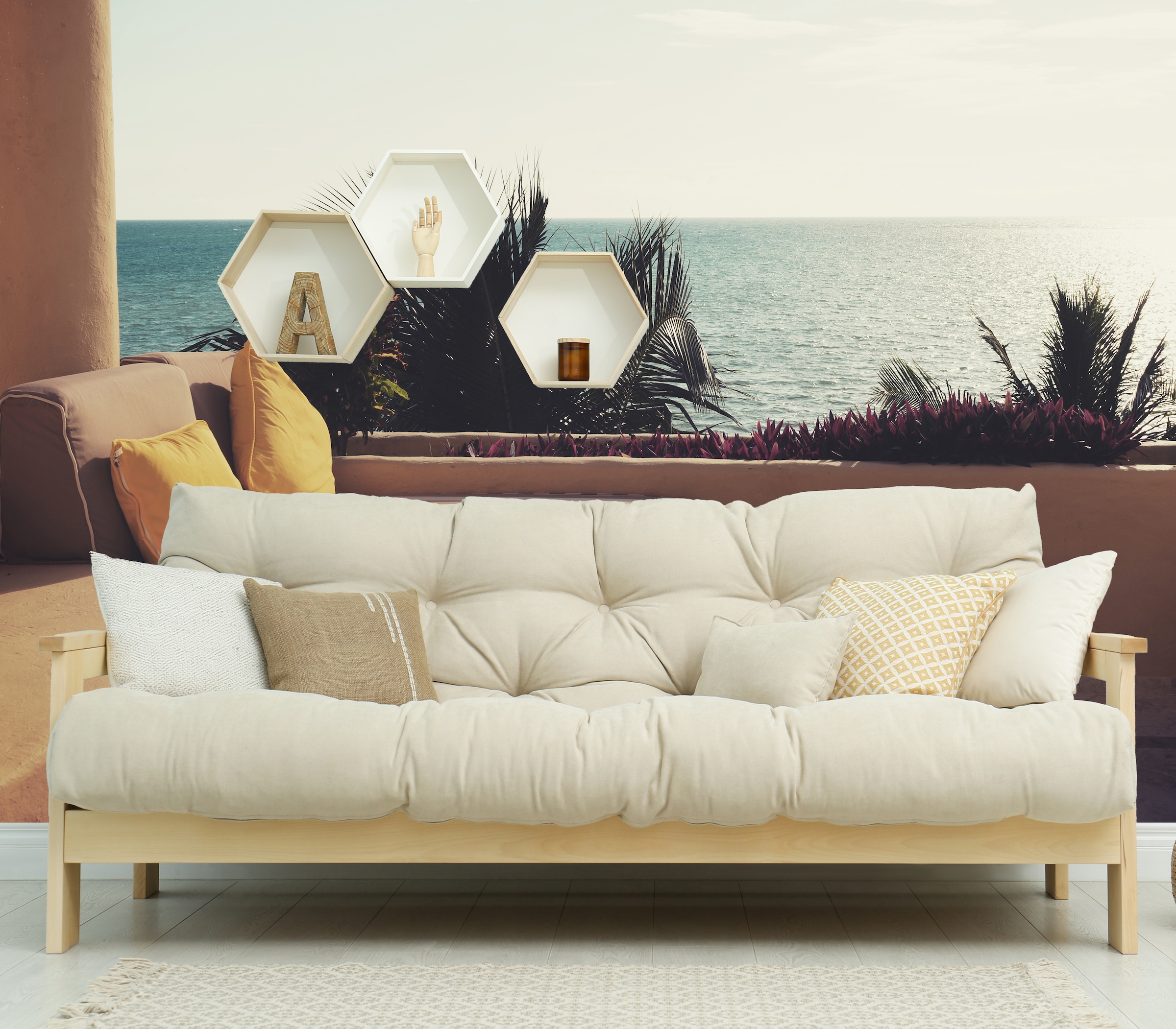 queence Fototapete »Terrasse am Meer«, bedruckt-Meer-mehrfarbig-Motiv-realistisch, Wandpaneele, selbstklebend, Tapete, Sticker, Wanddeko, XXL-Fotomotiv