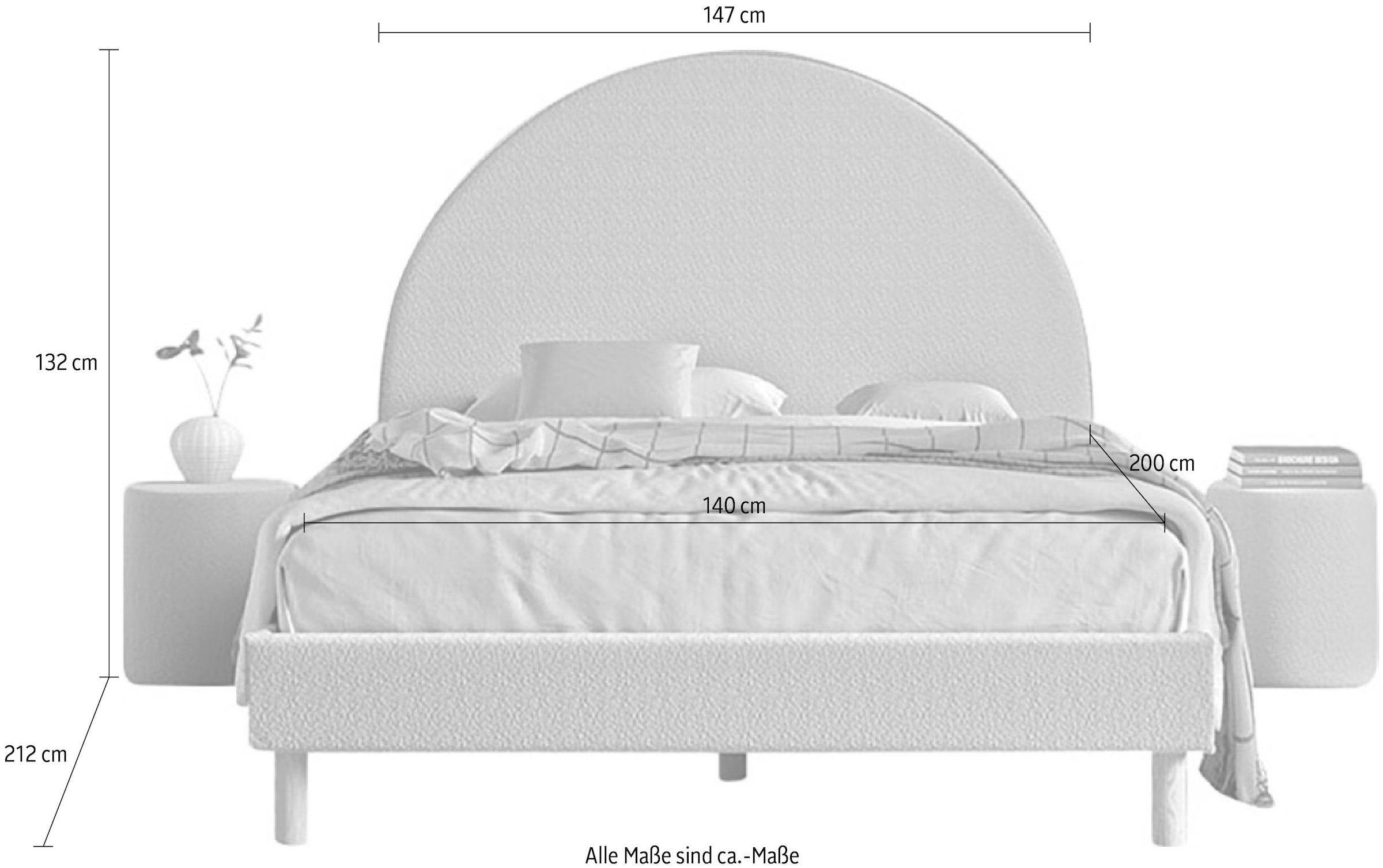 Vipack Schlafzimmer-Set »Moon, best. aus Polsterbett 140/200 und 2 Hocker/Nachttische«, (B/H/T ca. 147x132x212cm, bogenförmiges Kopfteil, Füße Massivholz), LF 140x200cm, inkl. Lattenrost, Bouclé Stoff bezogen, wahlw. 4 Farben