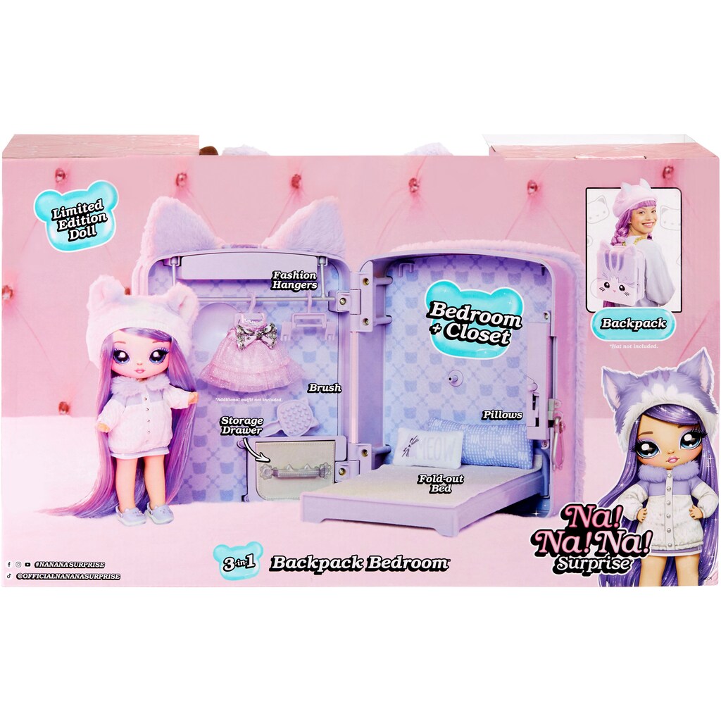 MGA ENTERTAINMENT Puppenbett »3in1 Backpack Bedroom Series 3 Playset - Lavender Kitty«, Inklusive Stoff-Modepuppe; Na! Na! Na! Surprise