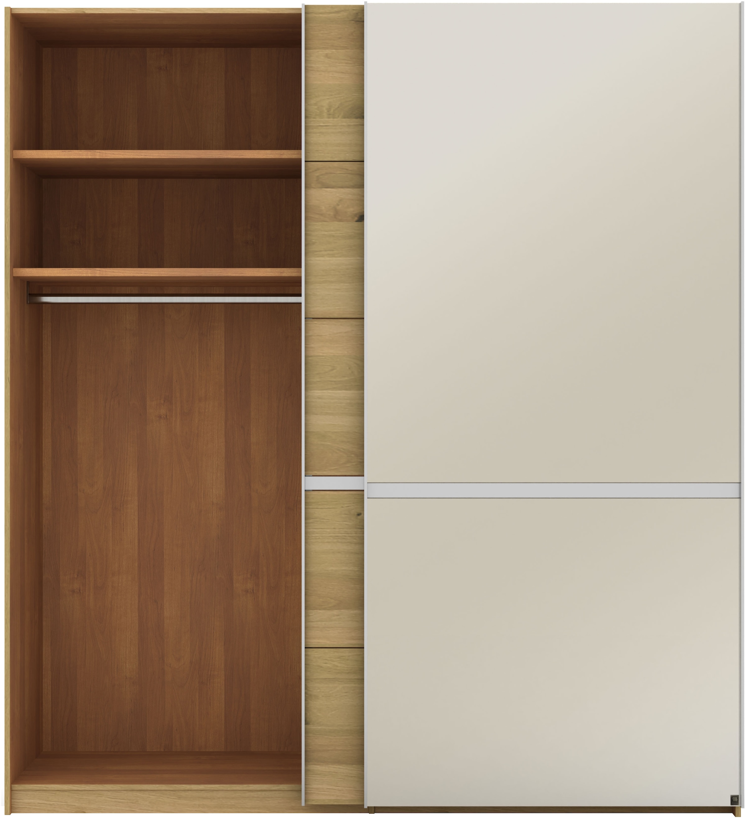 Musterring Schwebetürenschrank »Savona, Kleiderschrank, Schrank, Garderobe, mit Schiebetüren«, (Teilmassiv Bianco-Eiche, mit Spiegel oder Glas, MADE IN GERMANY), Türen Bianco-Eiche massiv, Spiegel-/Glastüren, eingelegte Chromleiste