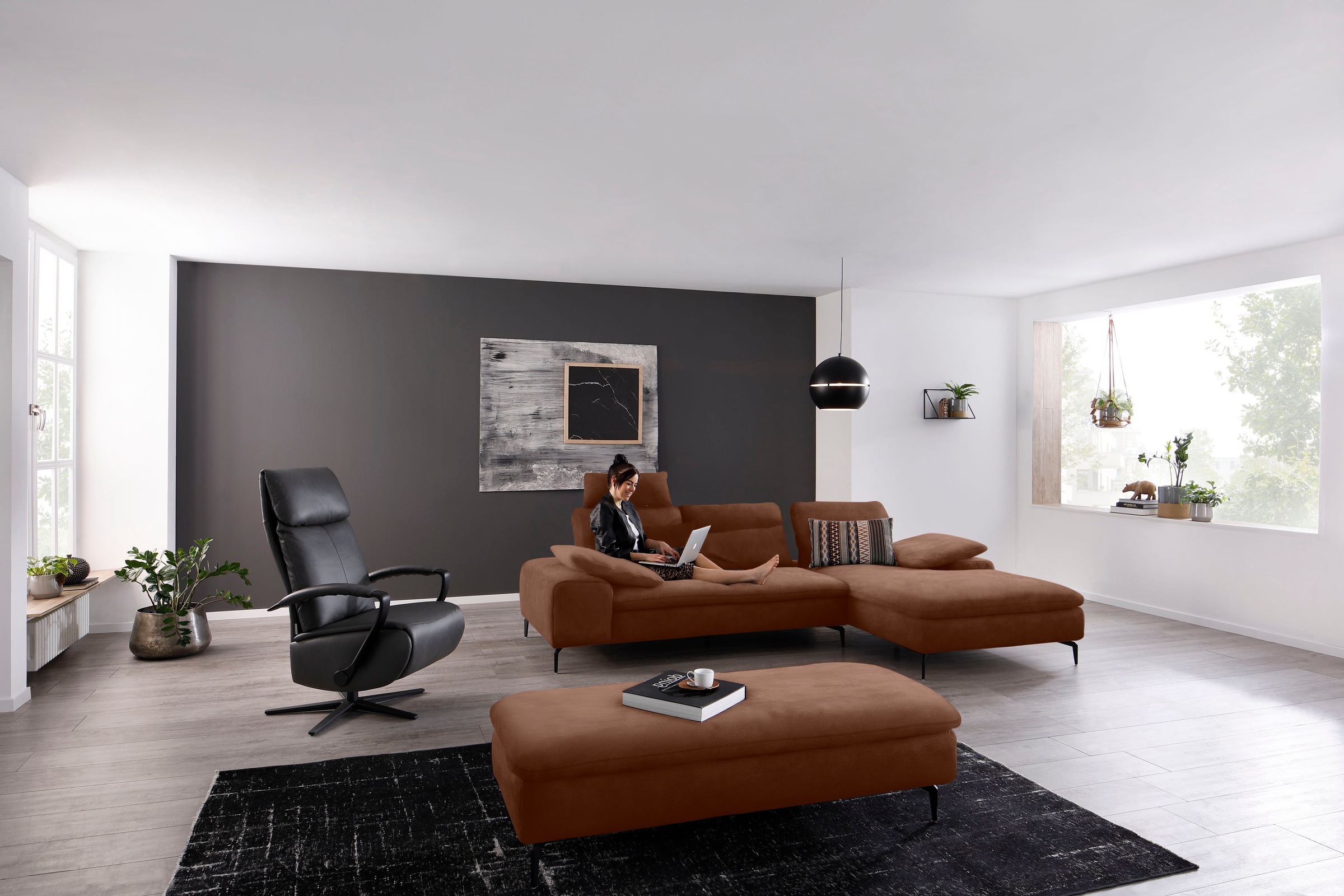 W.SCHILLIG Ecksofa »valentinoo, Designsofa, bequem, elegant und zeitlos, L-Form«, (Set), inklusive Hocker, mit Sitztiefenverstellung, Breite 299 cm