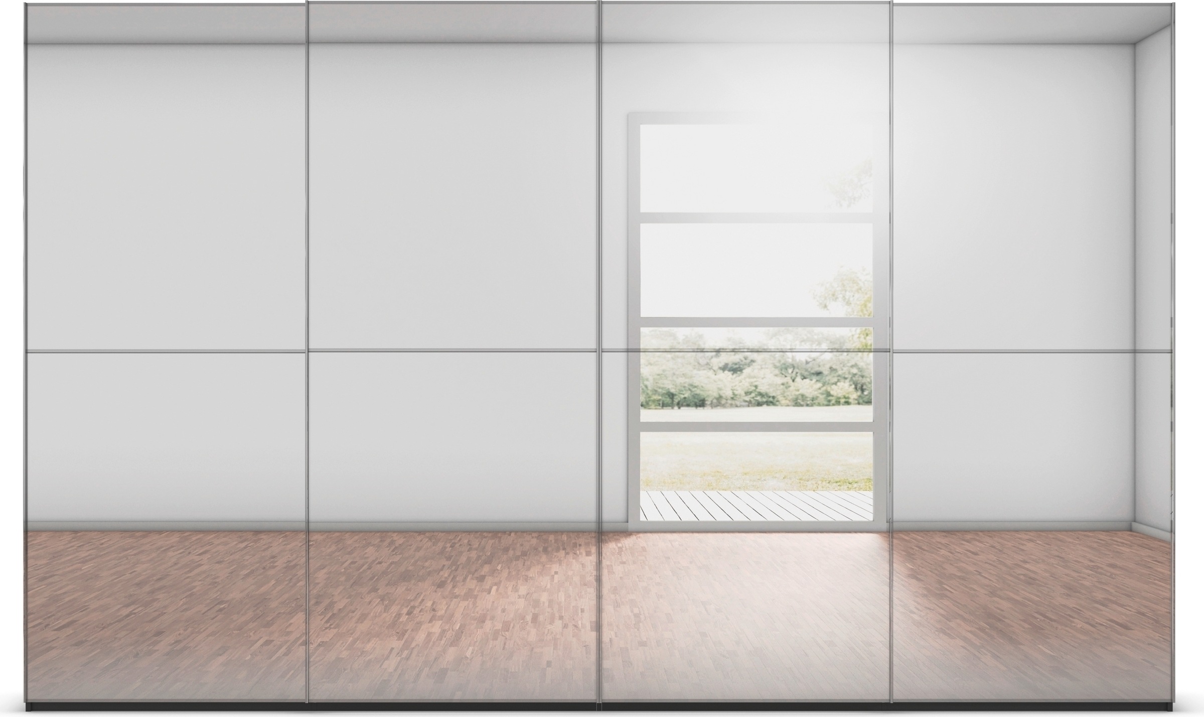 rauch Schwebetürenschrank »Kleiderschrank Schrank Garderobe Schlafzimmerschrank SCALE-DUO«, edle zweigeteilte Türen Spiegelfront und 3 Zierleisten MADE IN GERMANY