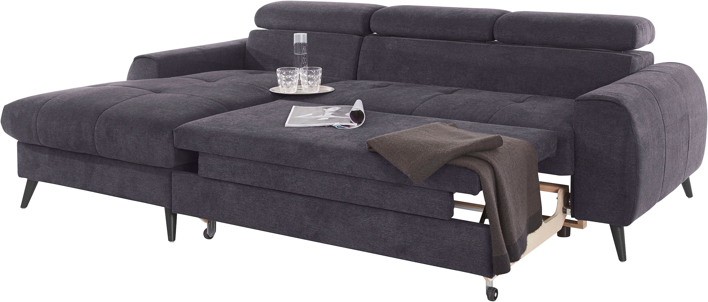 COTTA Ecksofa »Mia L-Form mit 3 Zierkissen«, wahlweise mit Bettfunktion, Bettkasten, Beleuchtung & Wireless-Charger